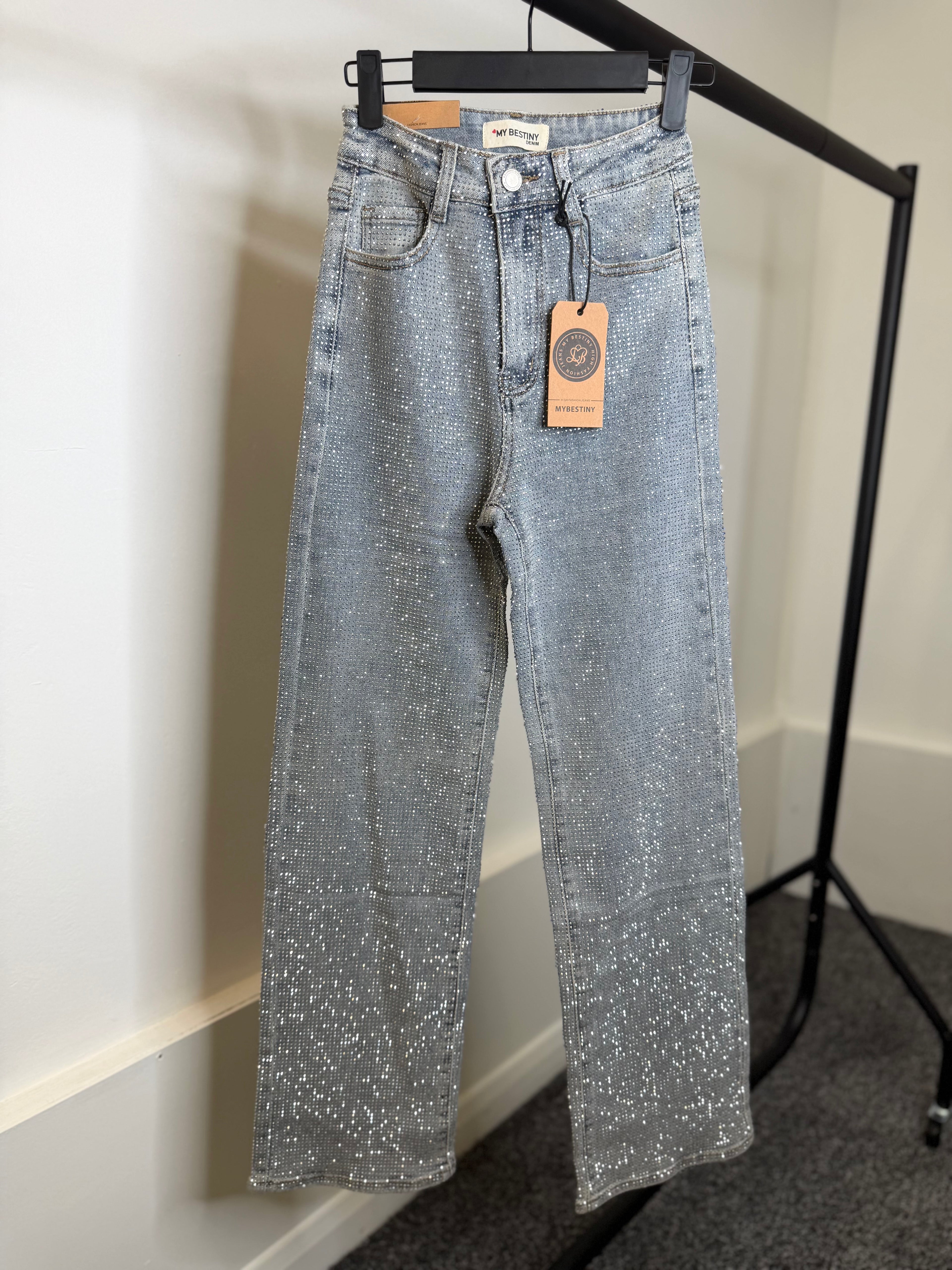 Diamanté Denim Wide Leg High Waisted Stretchy Jeans - Grey