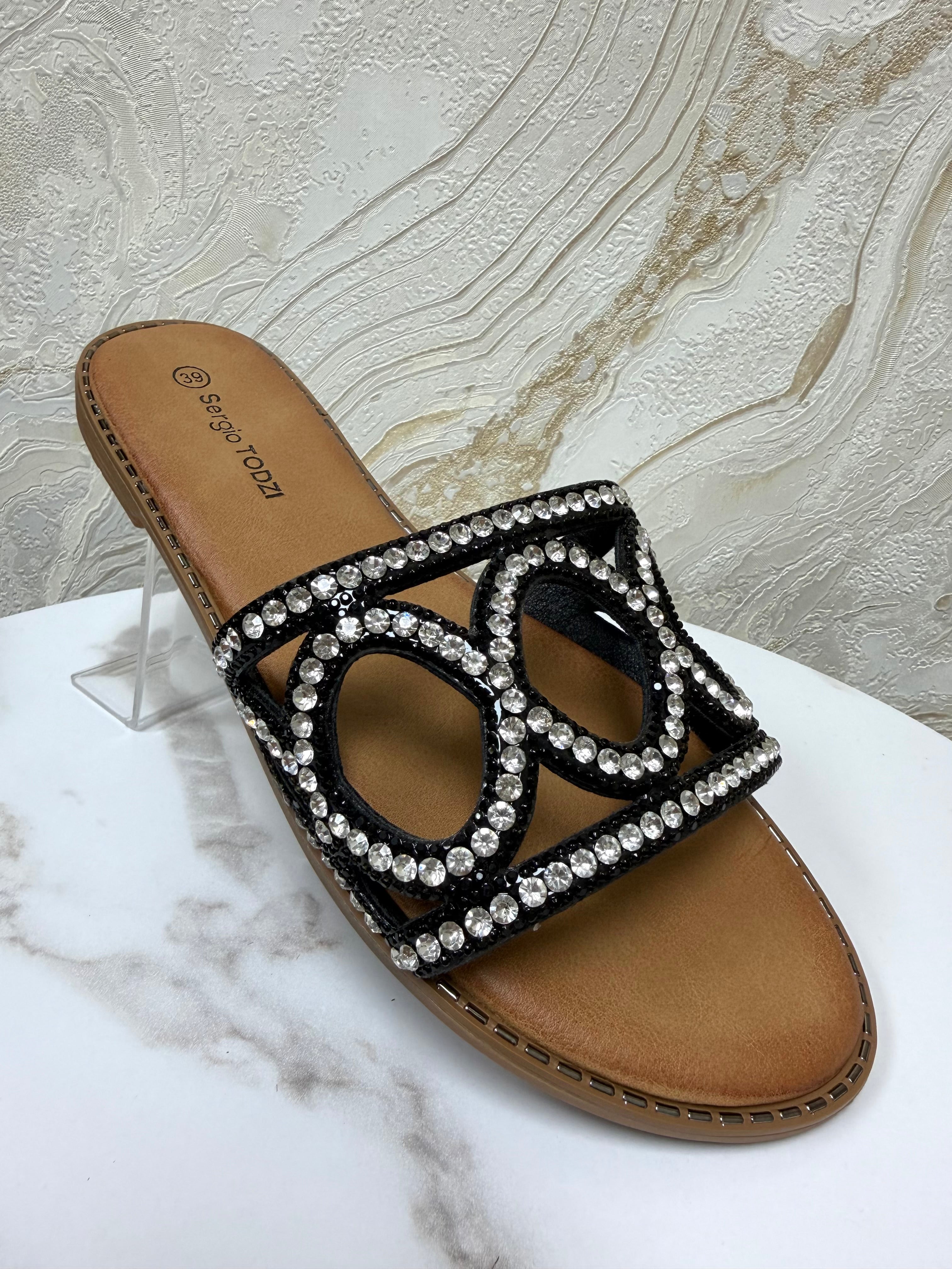 Diamanté Soft Sole Sliders - Black