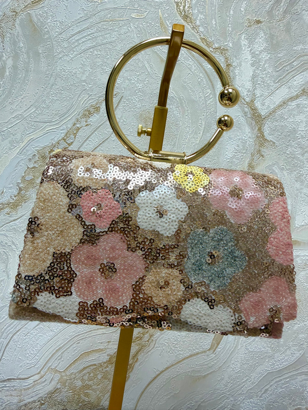 Gold Ring Handle Flower Detail Sequin Bag - Pastel Tones