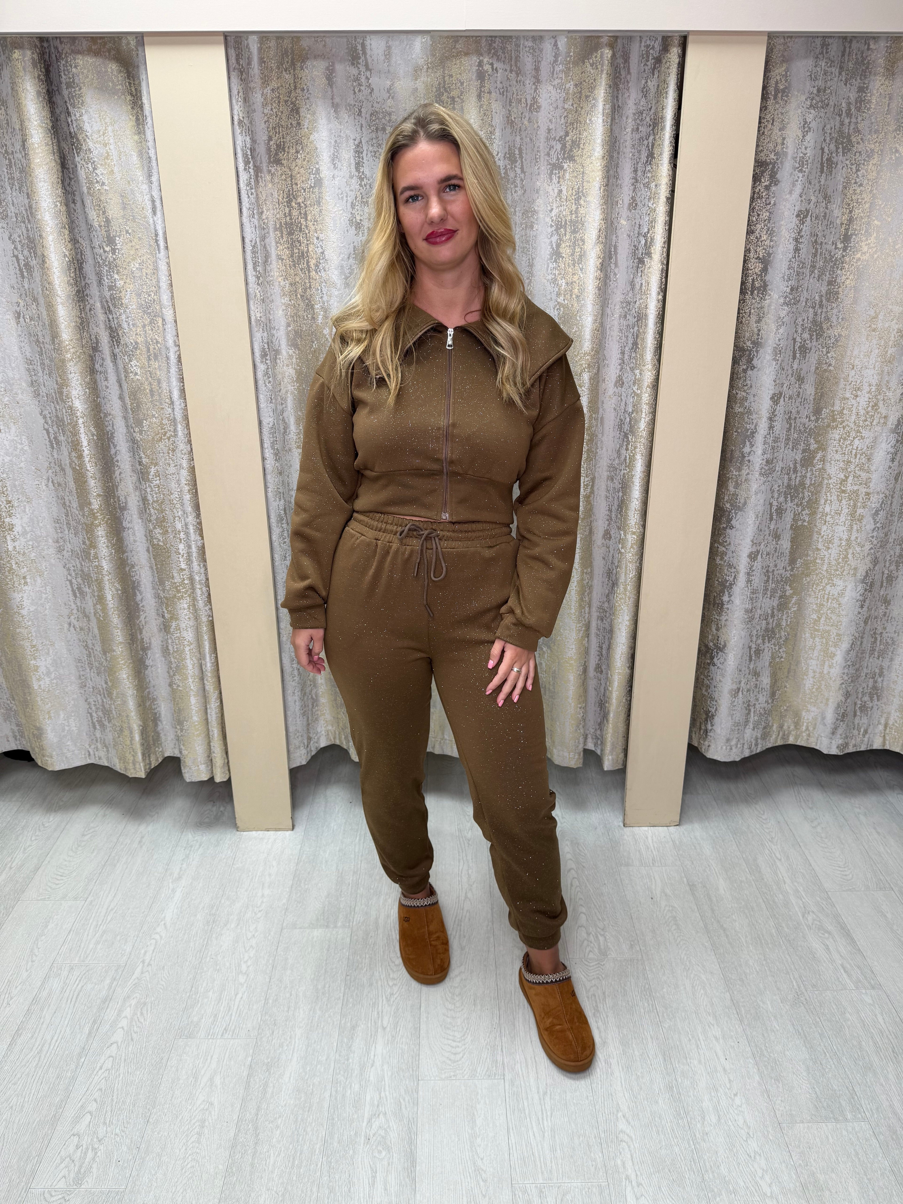 Cinched Waist & Oversized Collar Fine Glitter Cuffed Tracksuit - Caramel