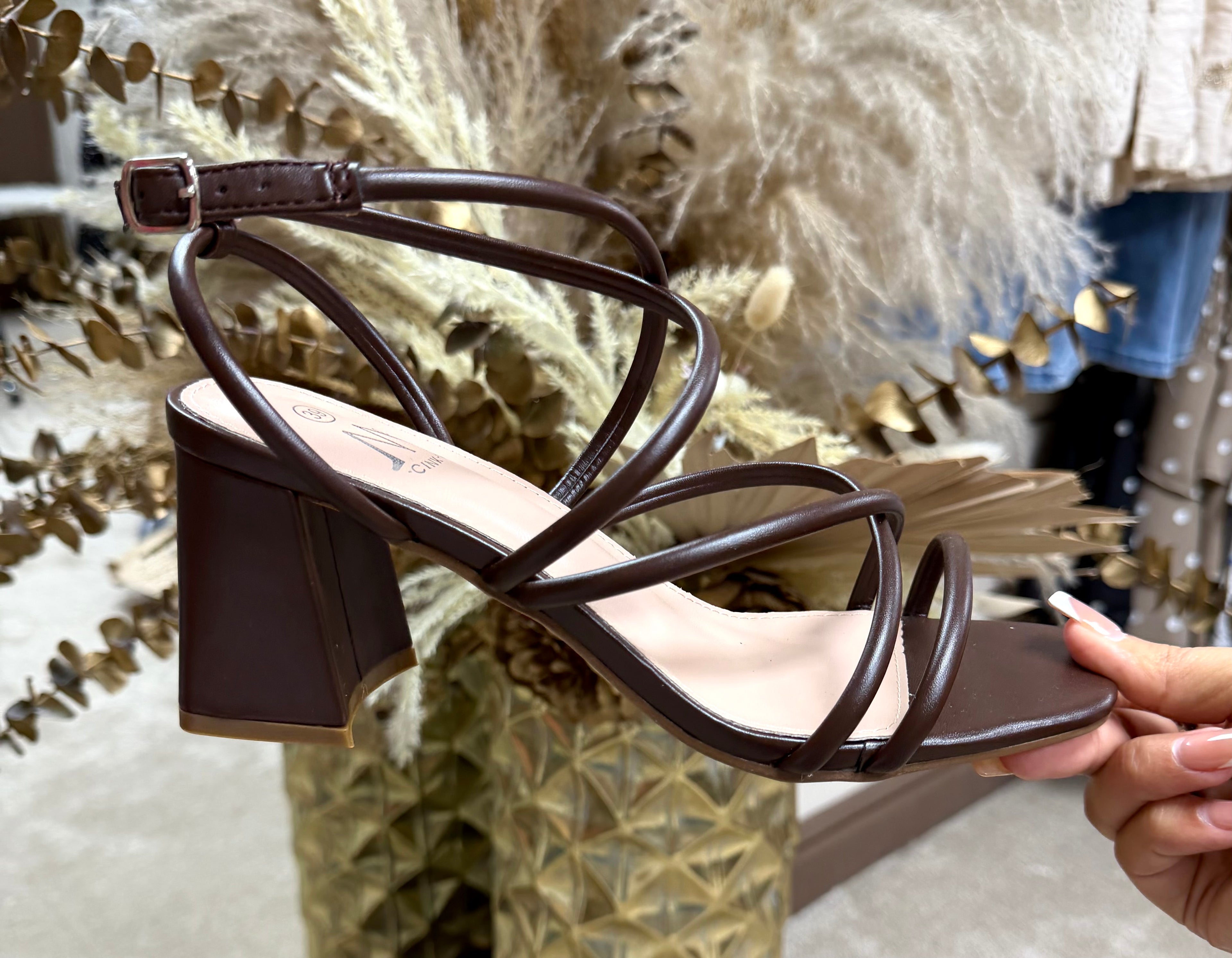 Strappy Comfy Block Heels - Chocolate Brown