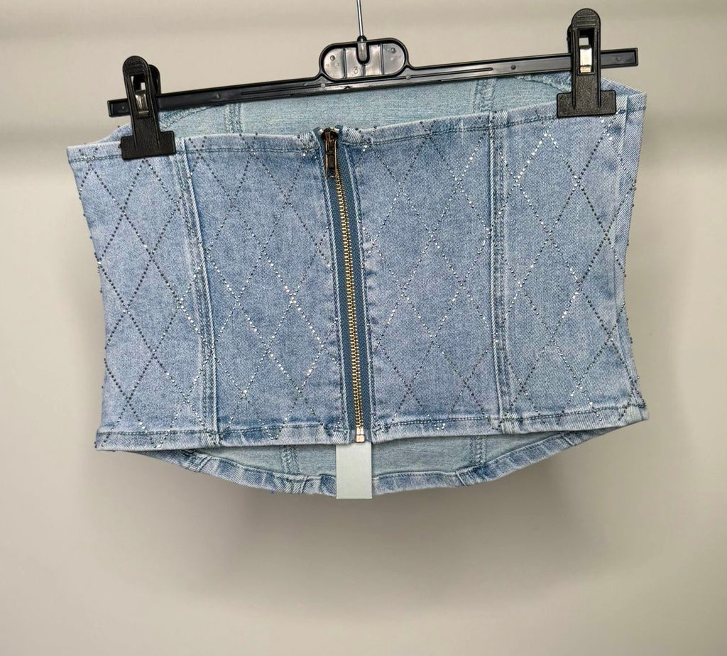 Diamond Detail Diamanté Stretchy Denim Zip Up Corset Top