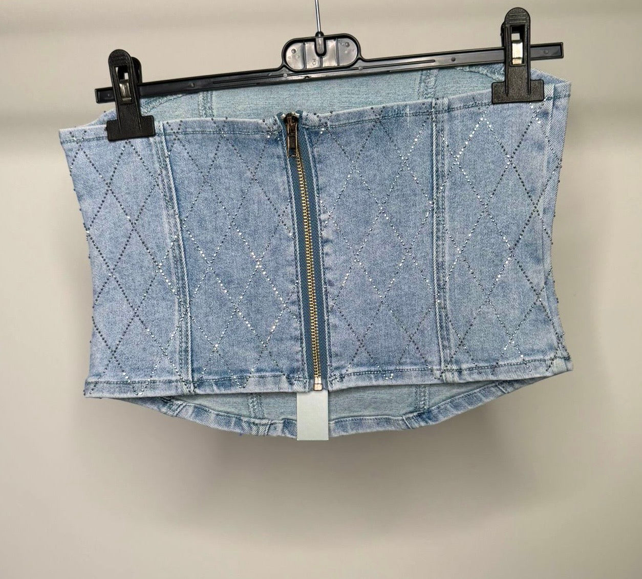 Diamond Detail Diamanté Stretchy Denim Zip Up Corset Top