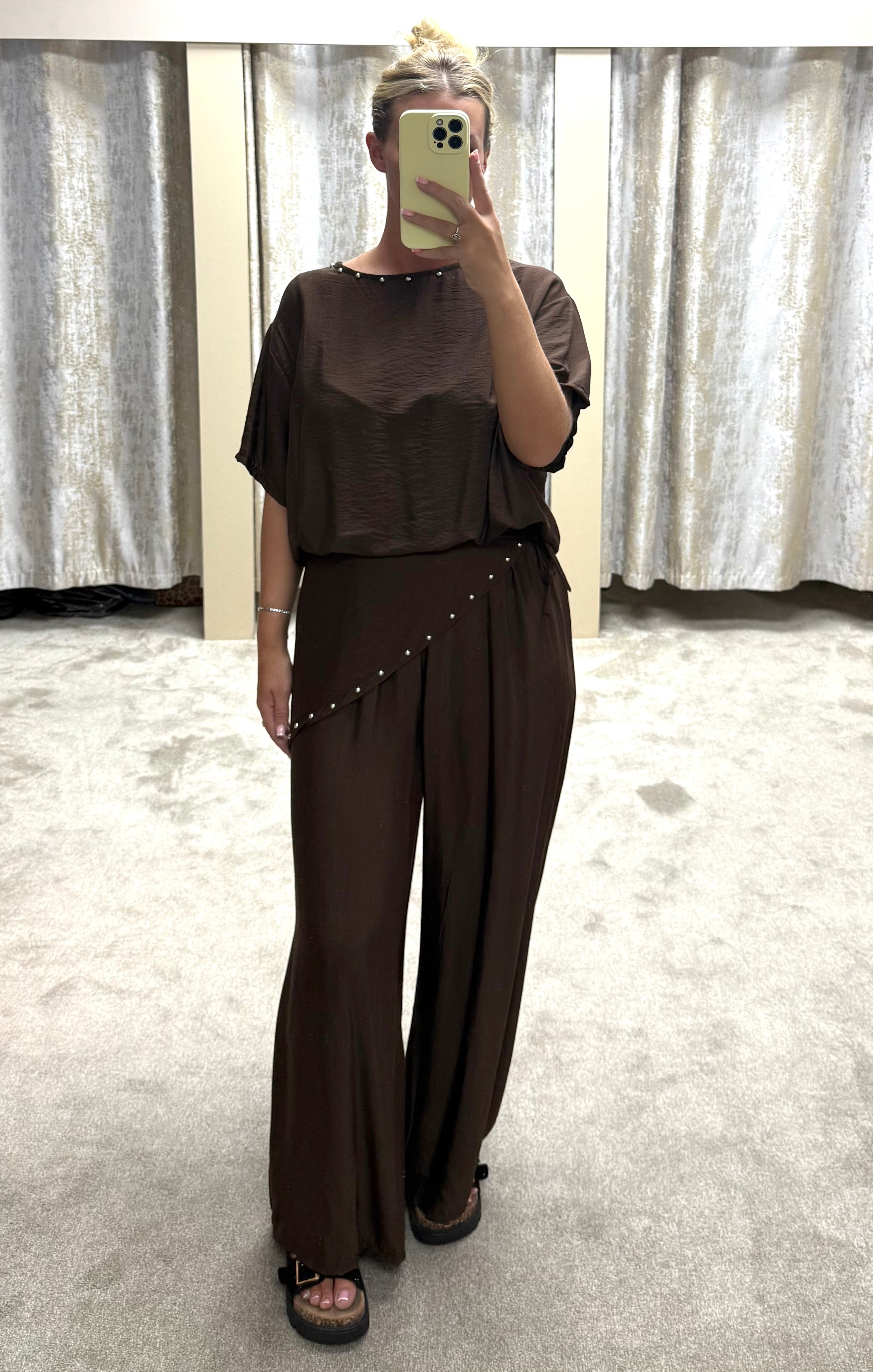 3 Piece Stud Detail Bubble Hem Top, Trousers & Scarf Co Ord