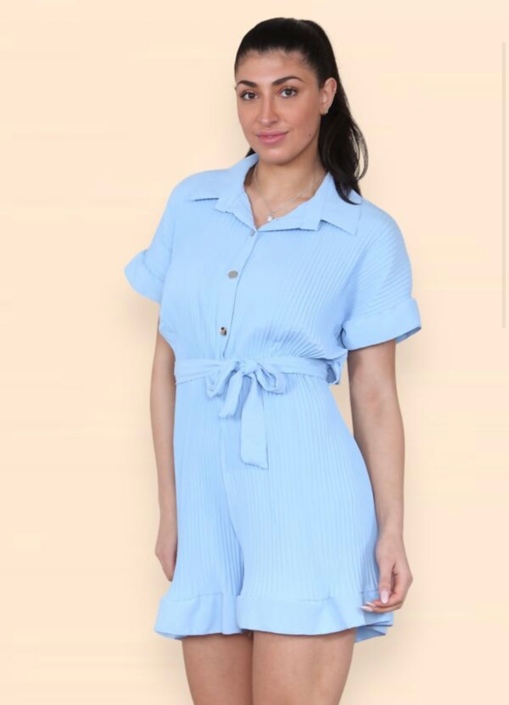 Pleated Frill Ruffle Tie Waist Playsuit