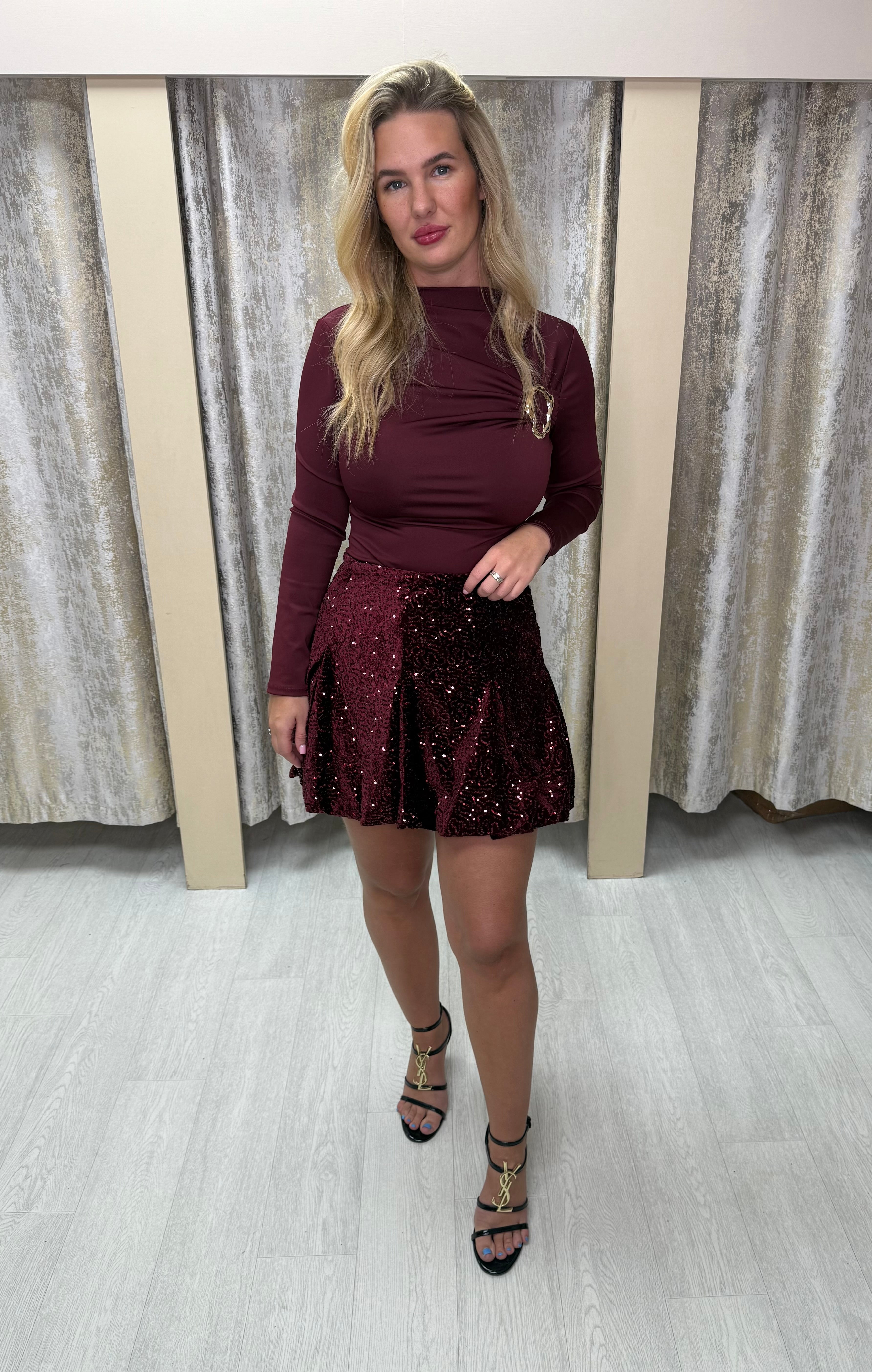 Glitter Sequin Pleated Elasticated Skirt - Burgundy