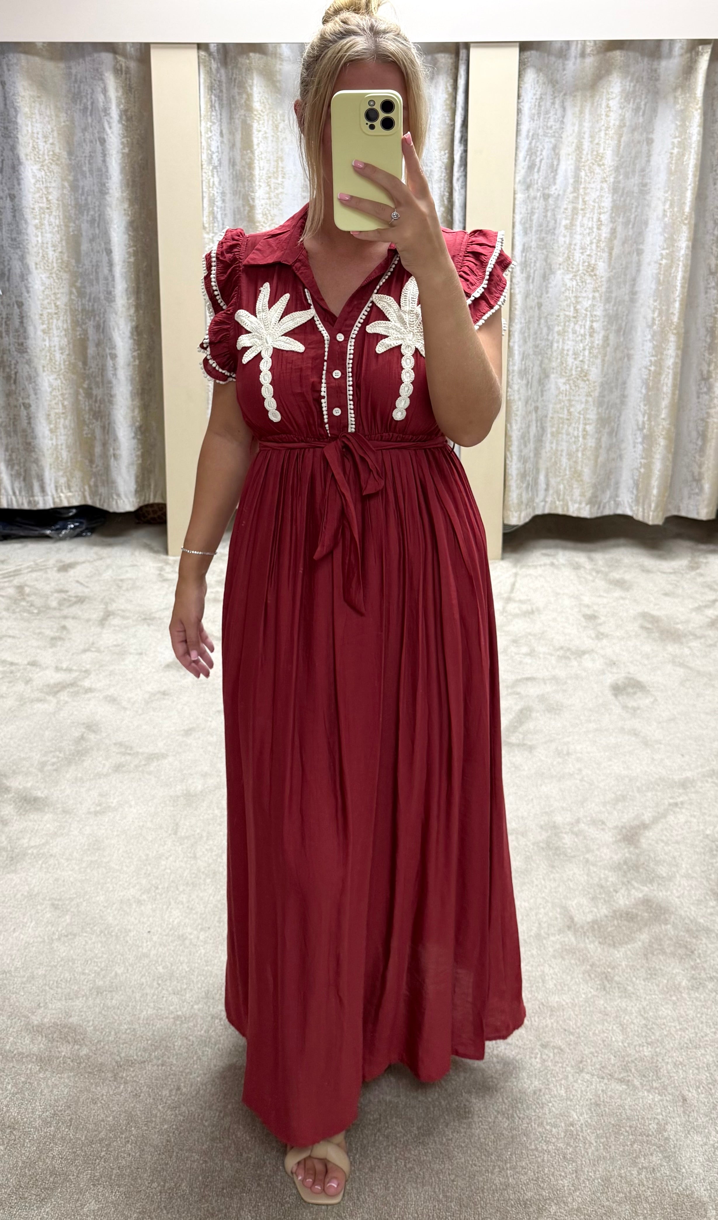 Palm Tree Embroidered Maxi Dress With Frill Detail Sleeves