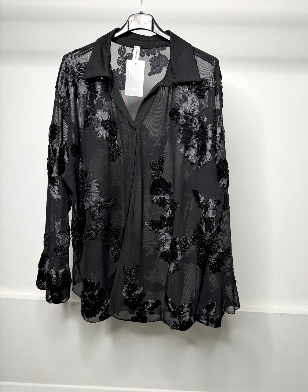 PLUS SIZE - Flower Embroidered Mesh Shirt with Bell Sleeve Detail