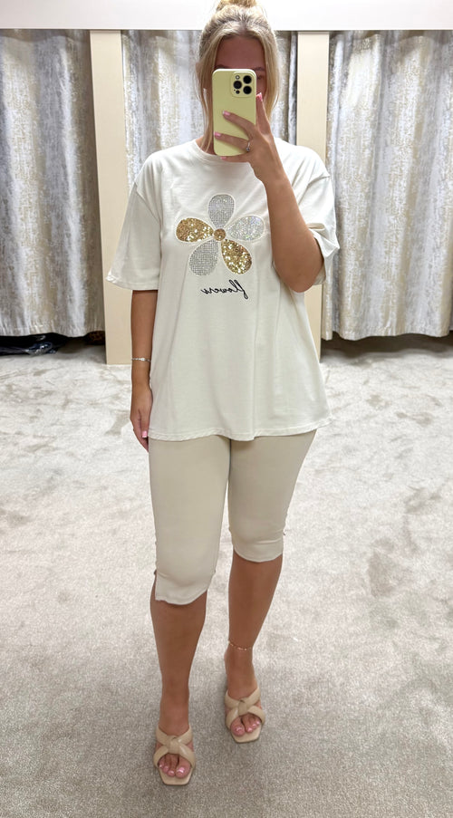 Beige Embellished Flower T-Shirt