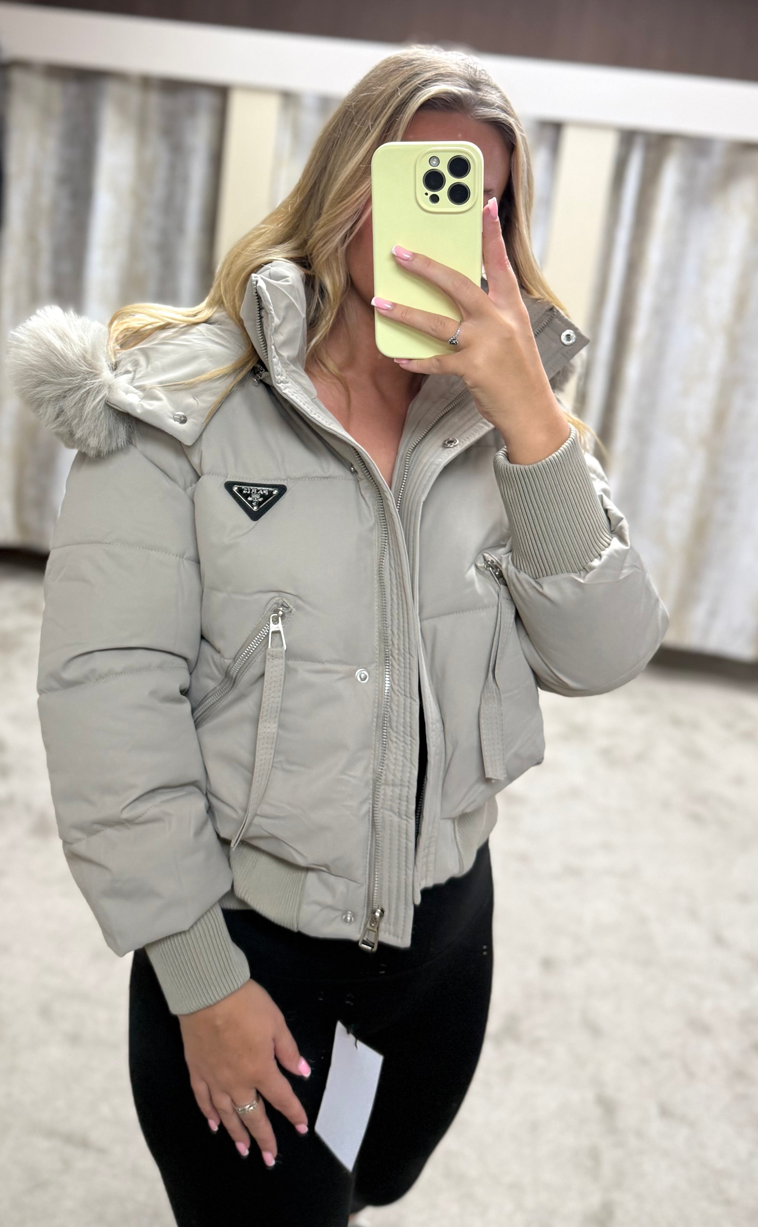 Luxe Faux Fur Paris Logo Coat - Stone