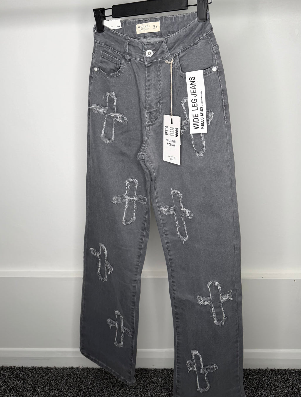 Crucifix Premium Denim Wide Leg High Waisted Stretchy Jeans - Grey