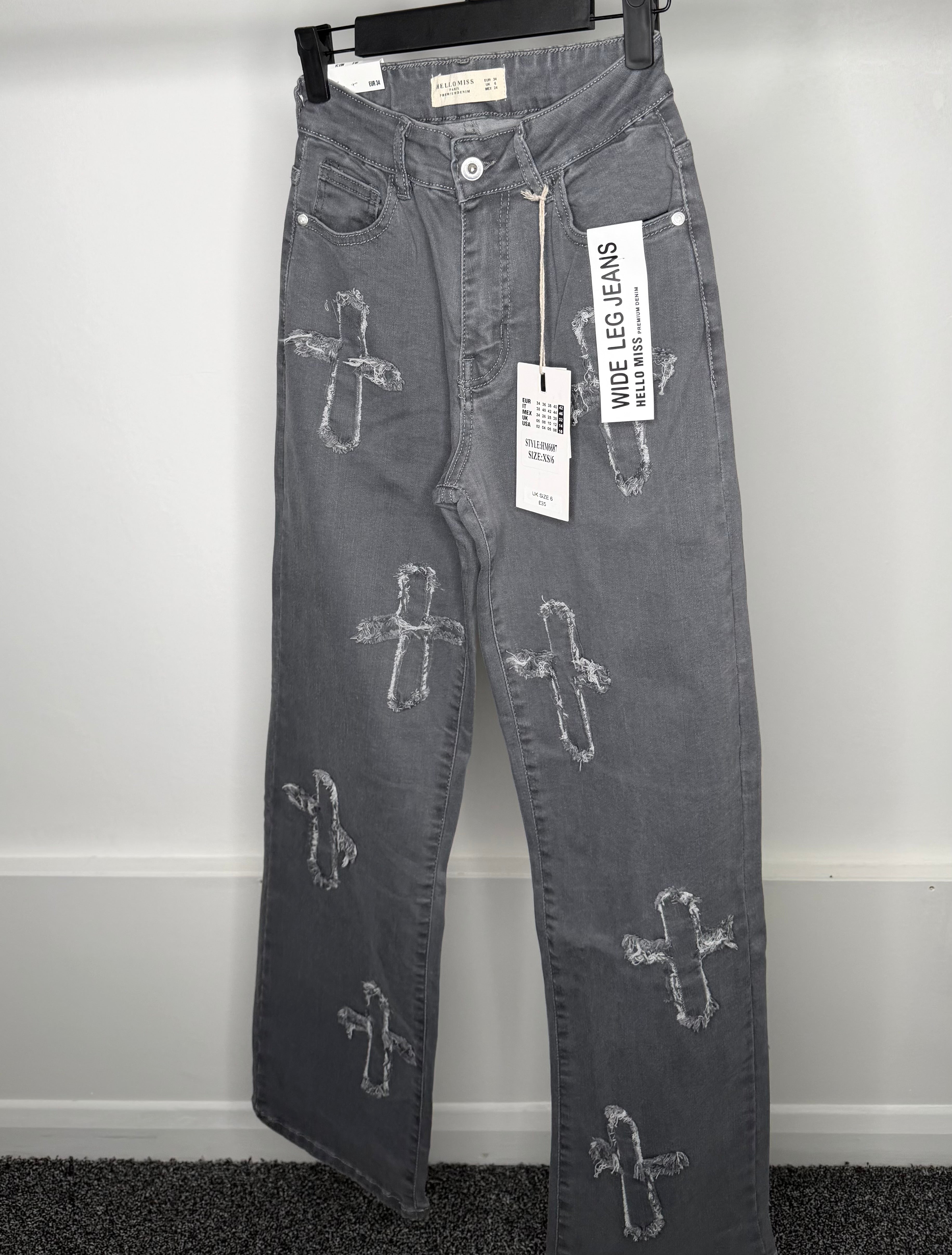 Crucifix Premium Denim Wide Leg High Waisted Stretchy Jeans - Grey