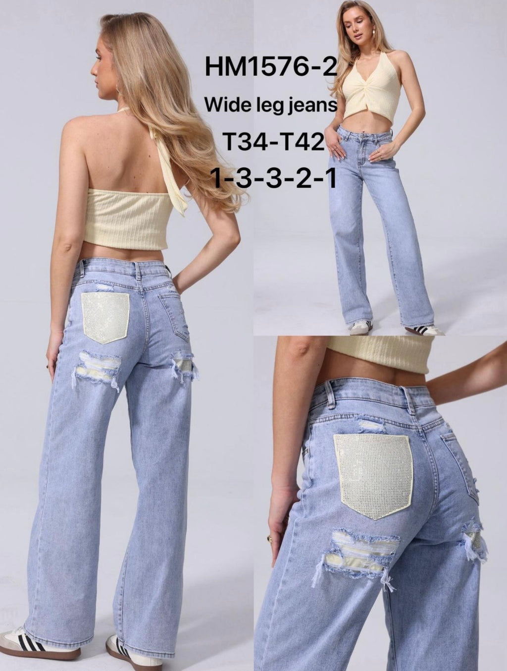 Diamanté Back Pocket Detail Wide Leg Premium Denim Jeans - LEMON POCKET