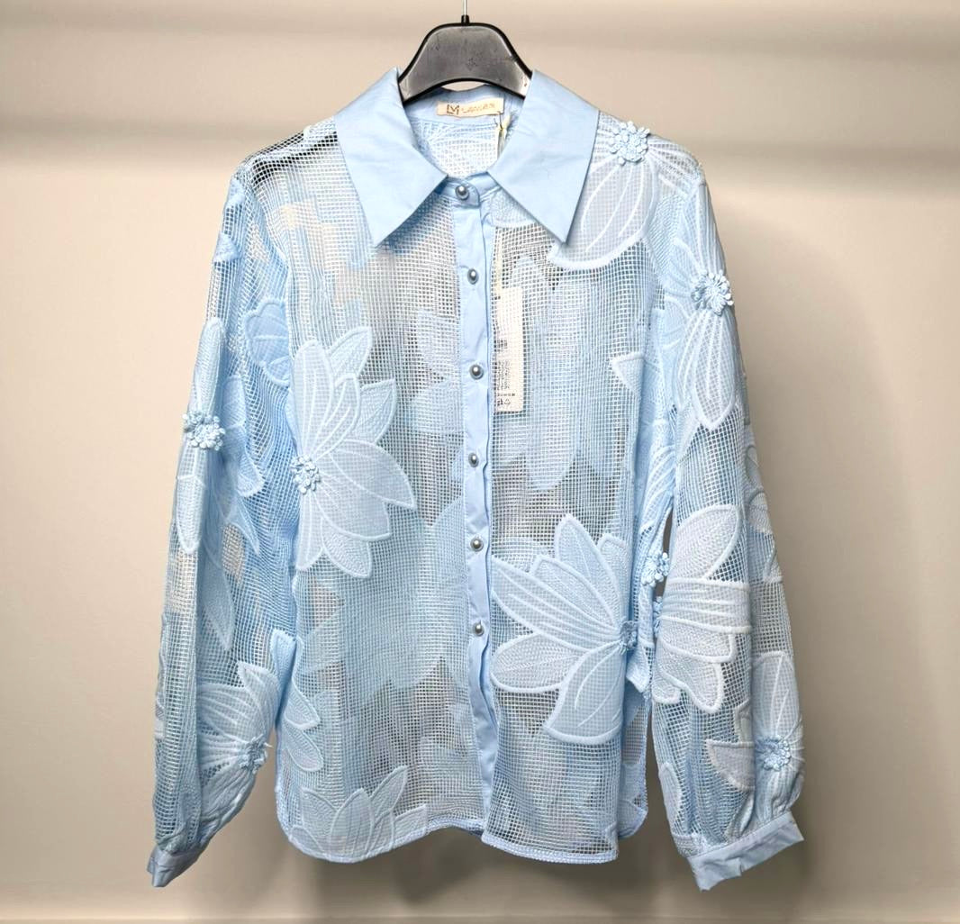 LUXE Mesh Flower Detail Oversized Shirt