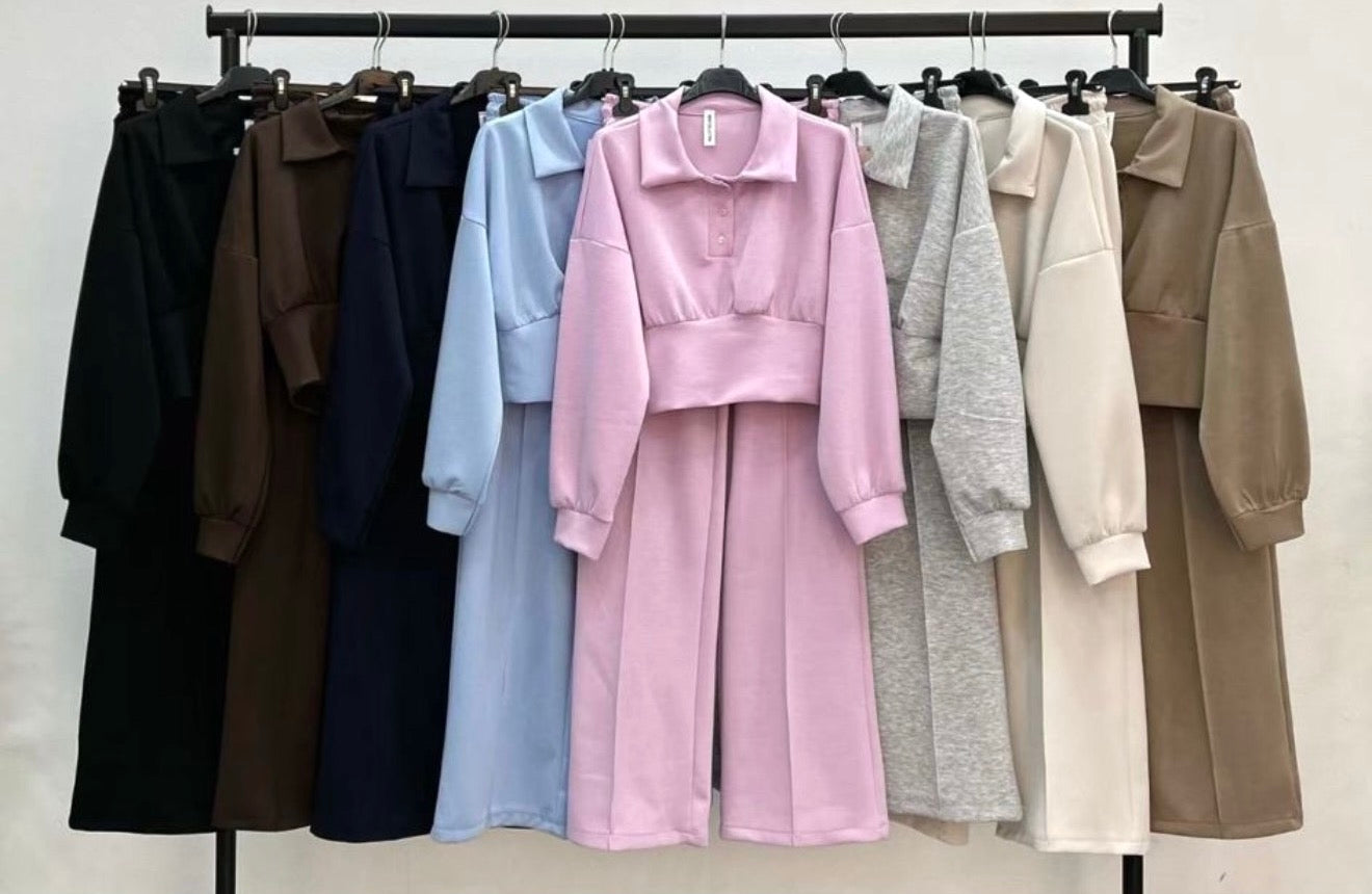 Button Polo Waist Cinching Co Ord with Elasticated Lined Trousers