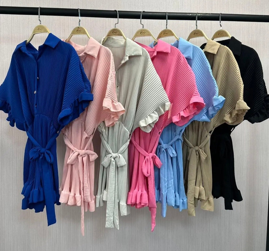 Pleated Frill Ruffle Tie Waist Playsuit