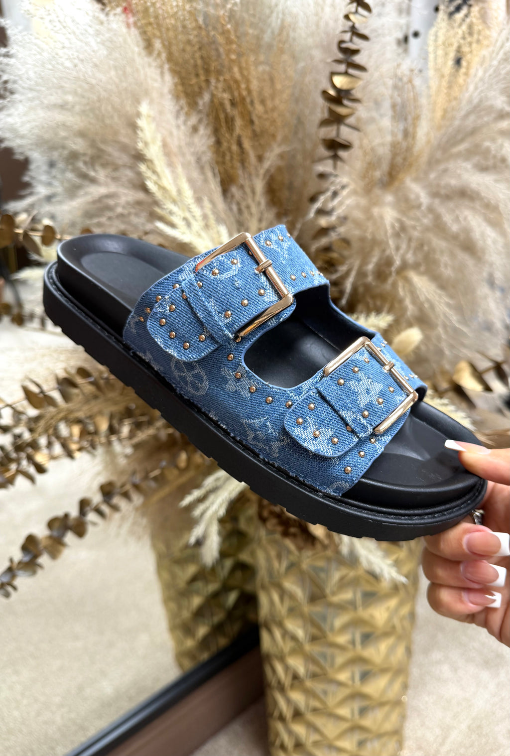 Louis Vuitton Inspired Denim Sliders
