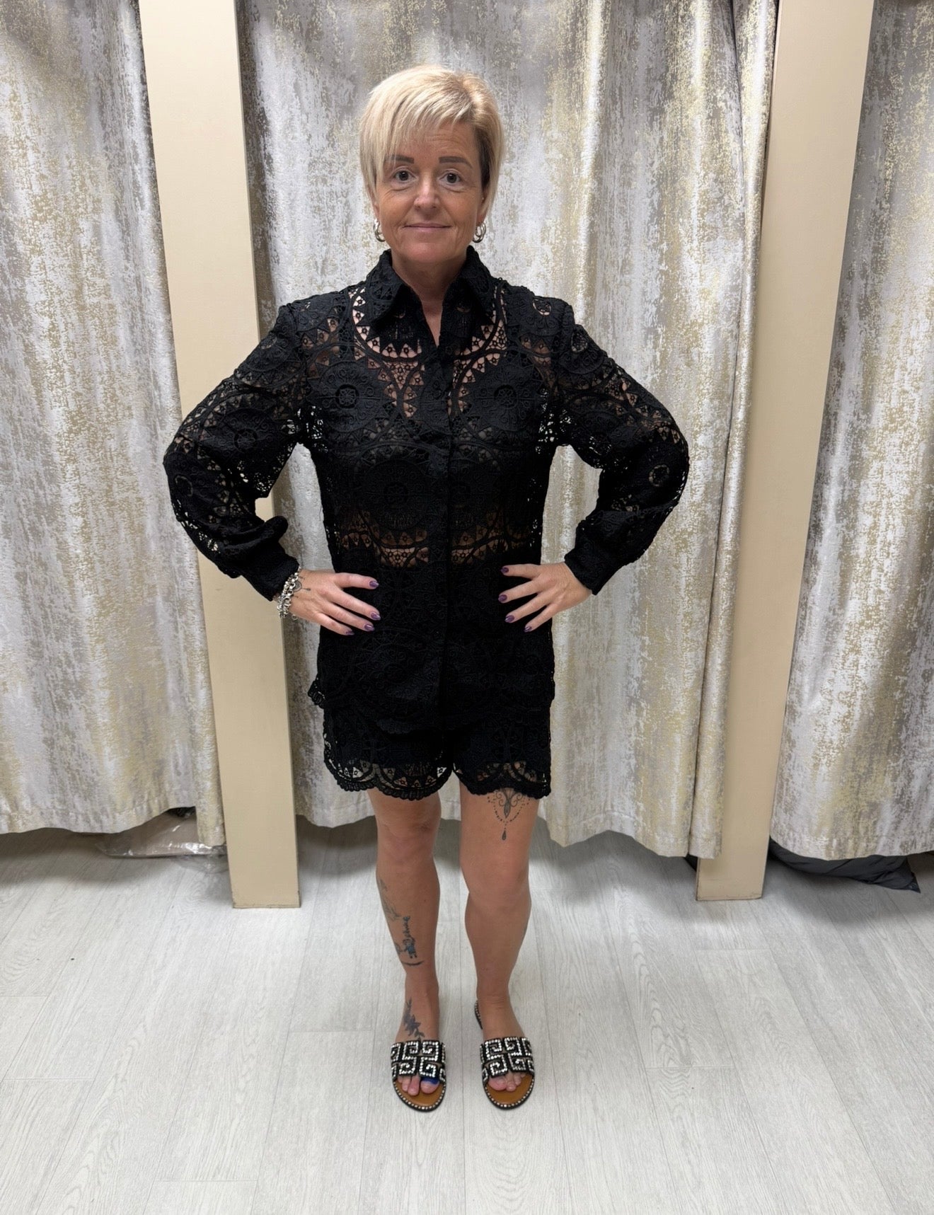 LUXE Lace Crochet Shirt & Shorts Co Ord