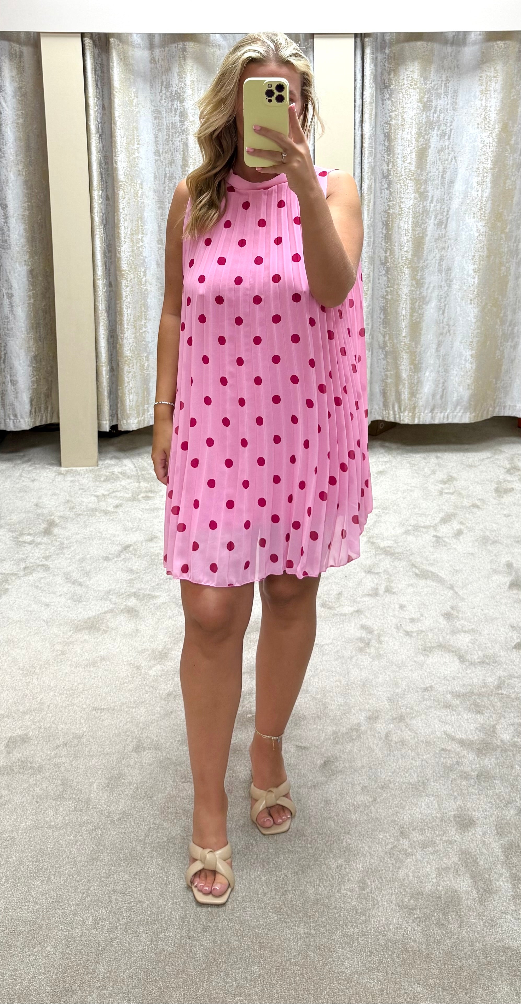 Polka Dot Halter Neck Pleated Dress - Lined Fabric
