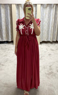 Palm Tree Embroidered Maxi Dress With Frill Detail Sleeves