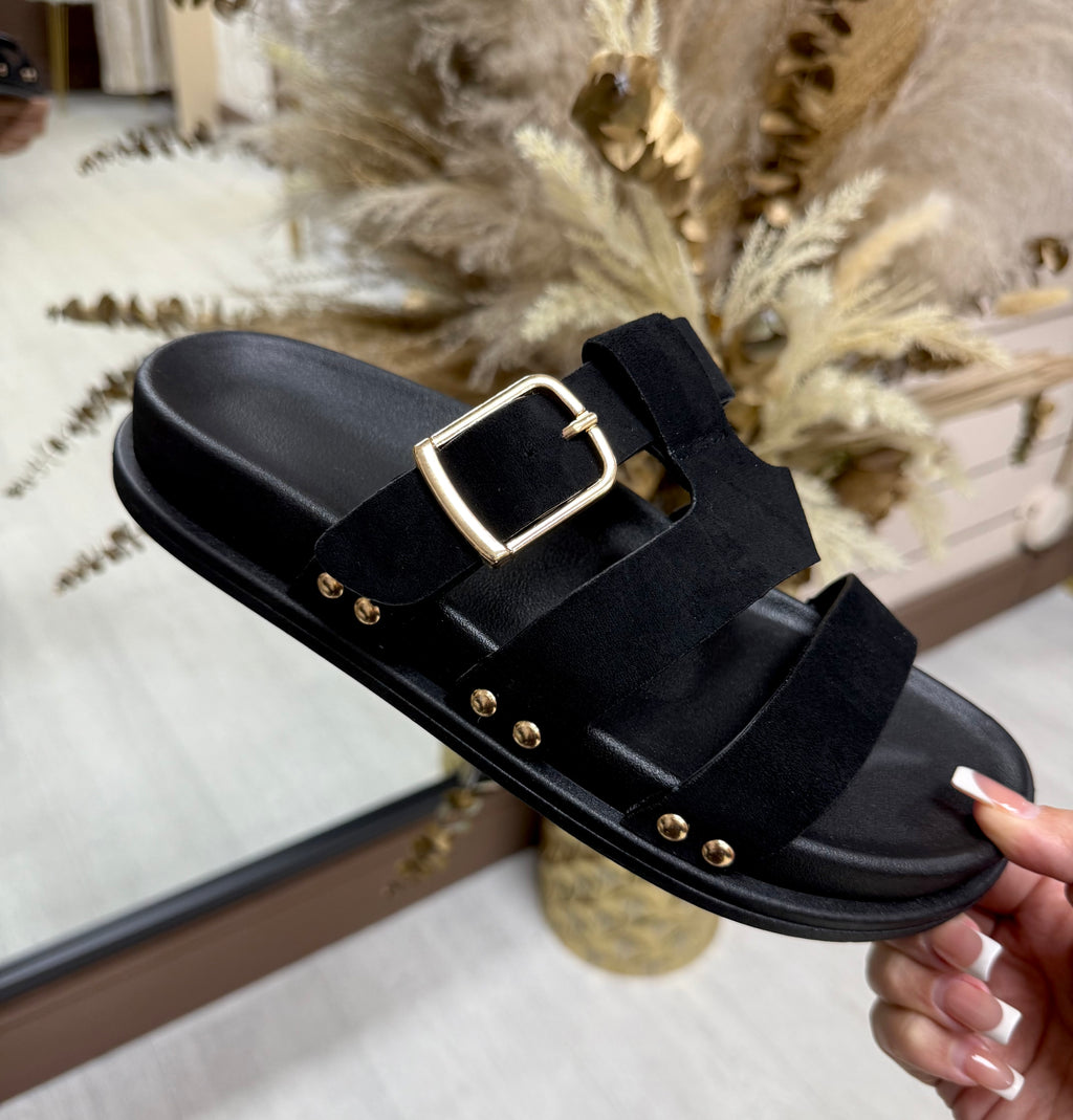 Black & Gold Detail Faux Suede Sliders with Adjustable Buckle
