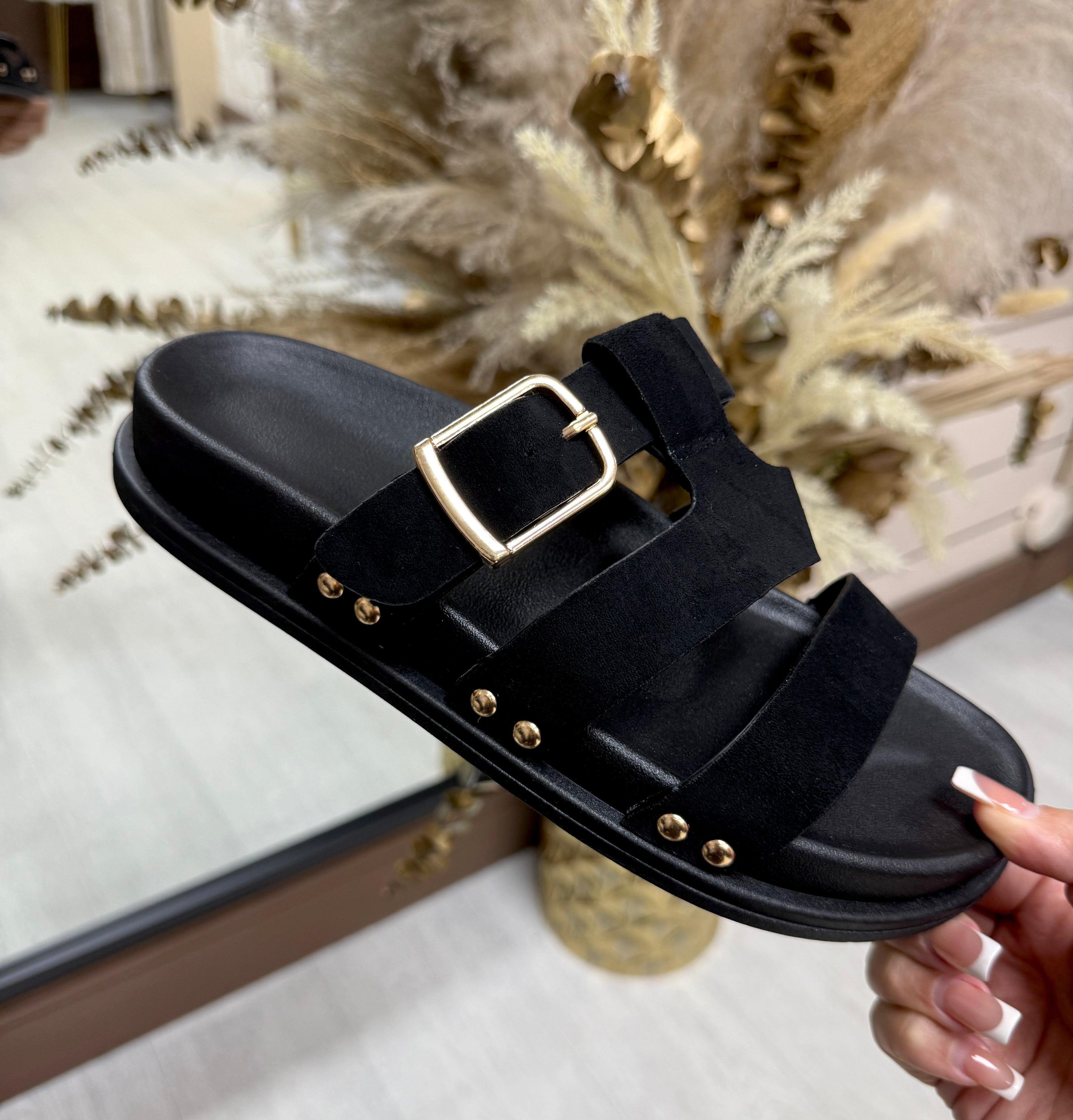 Black & Gold Detail Faux Suede Sliders with Adjustable Buckle