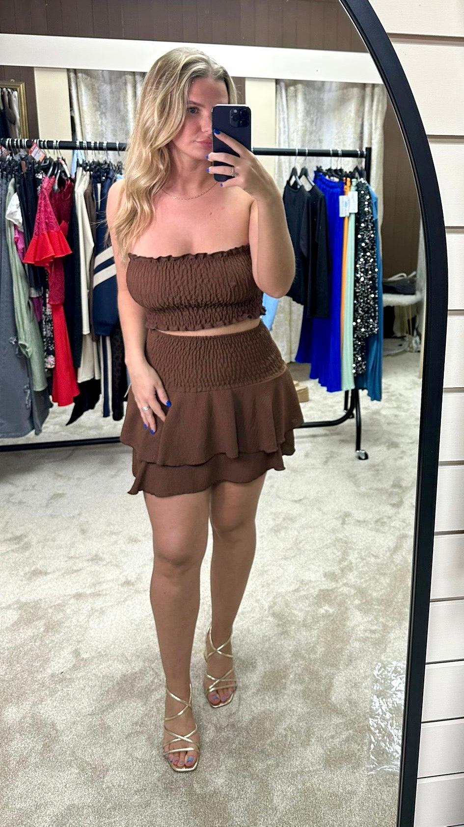 Elasticated Stretchy Bandeau Top & High Waisted Ruffle Skirt Co Ord
