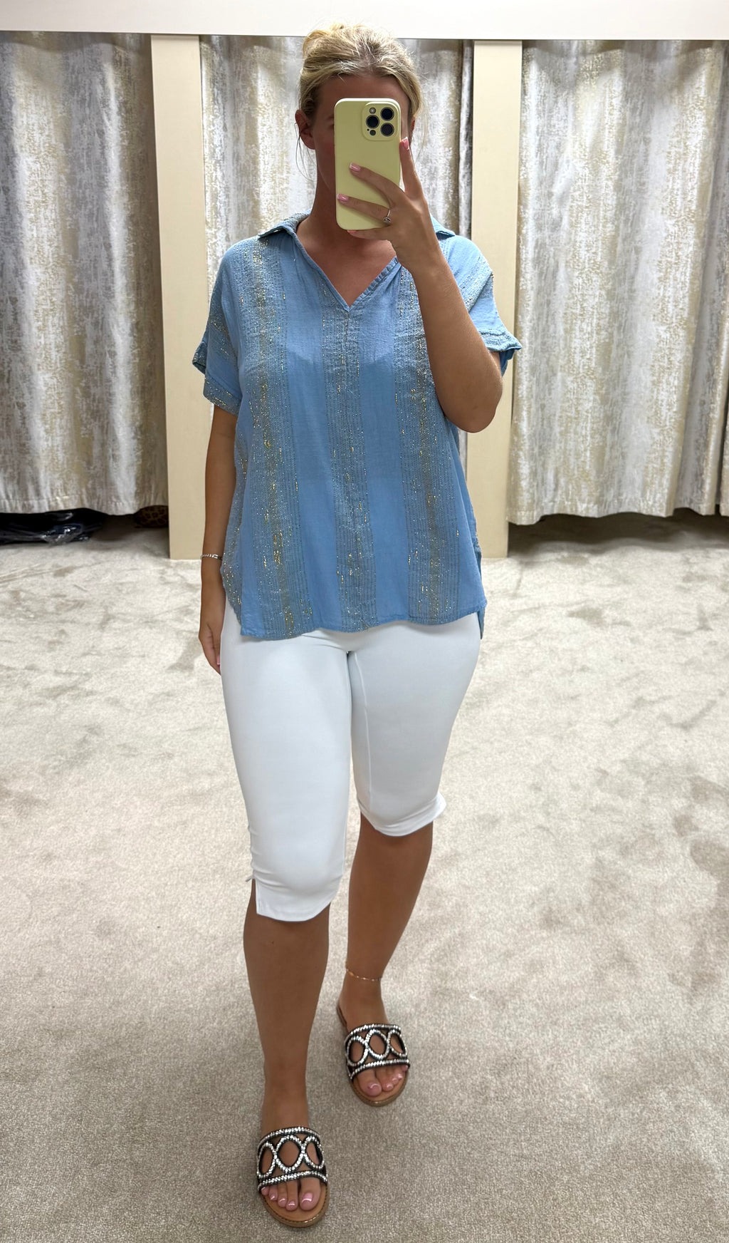 Linen & Cotton Blend Oversized Shirt With Metallic Gold Thread Detail