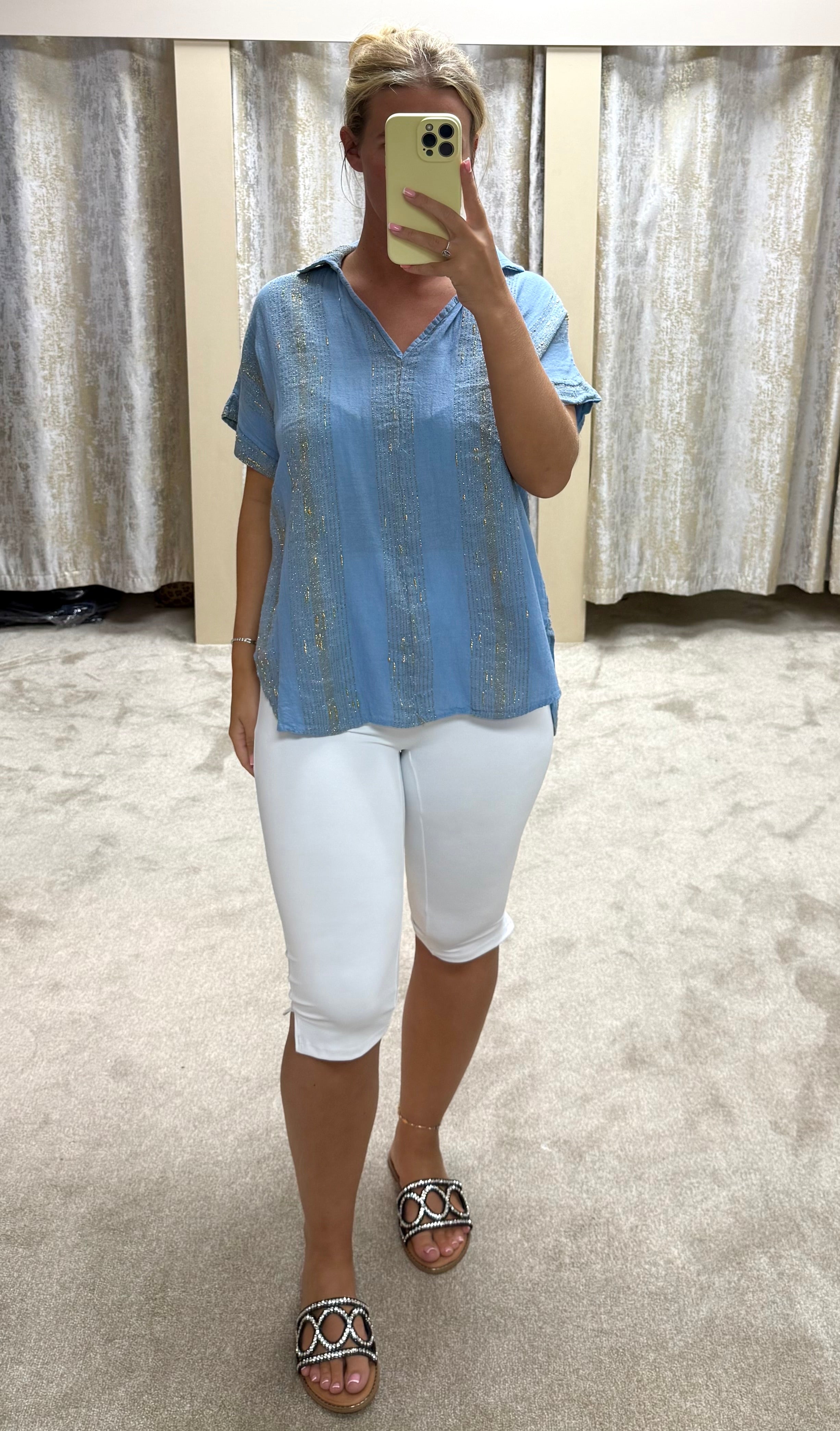 Linen & Cotton Blend Oversized Shirt With Metallic Gold Thread Detail