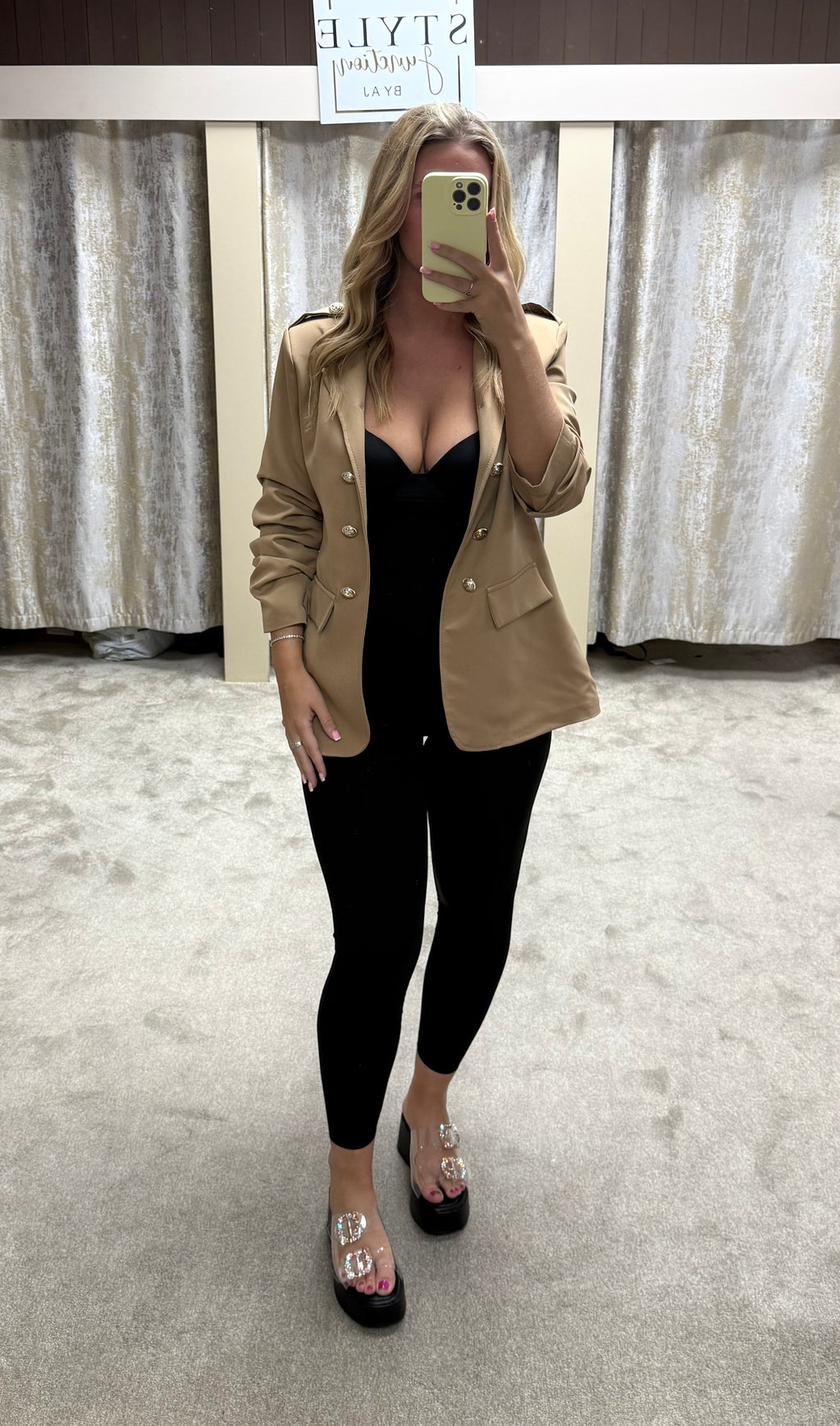 Ruched Sleeve Blazer With Gold Button Detail