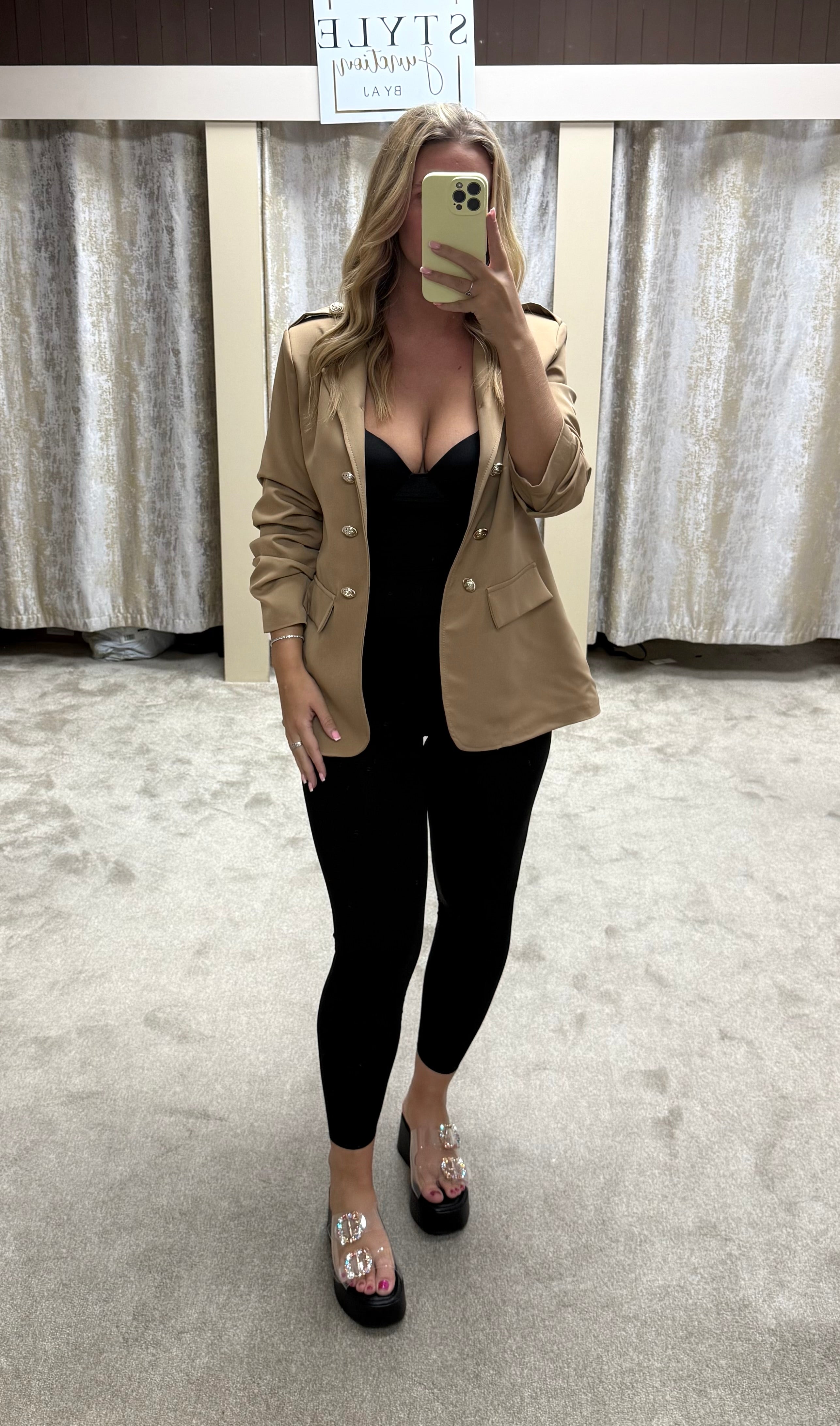Ruched Sleeve Blazer With Gold Button Detail