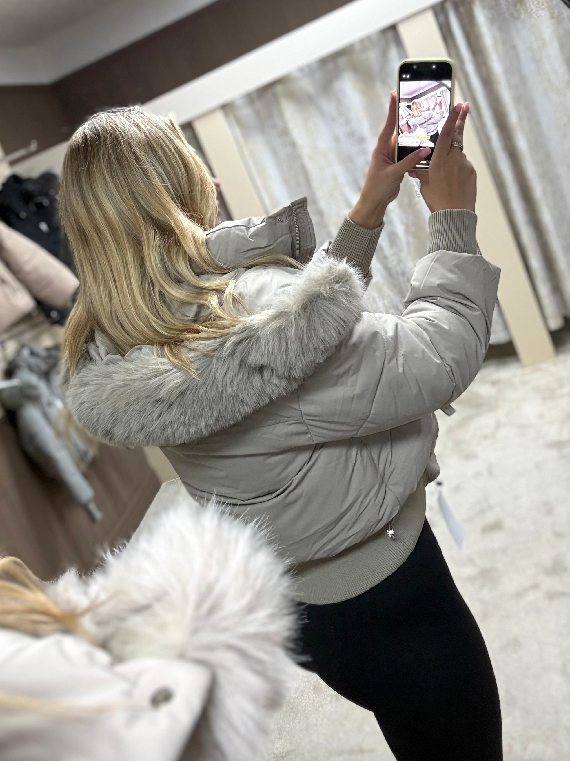 Luxe Faux Fur Paris Logo Coat - Stone