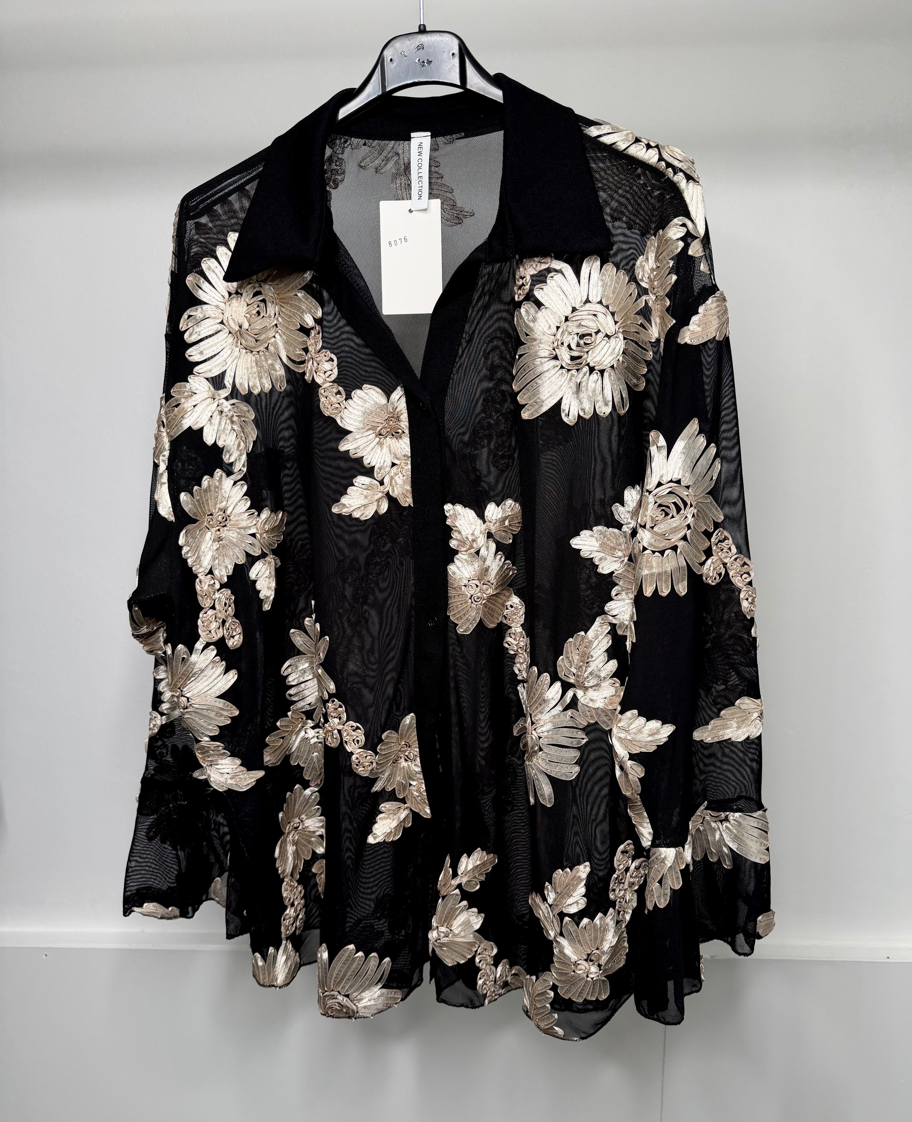 PLUS SIZE - Flower Embroidered Mesh Shirt with Bell Sleeve Detail