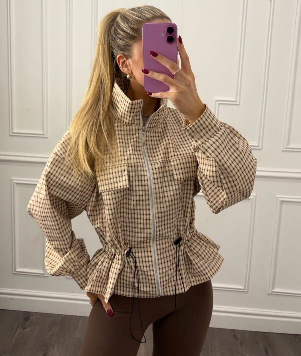 Checked Print Waist Cinching Toggle Jacket