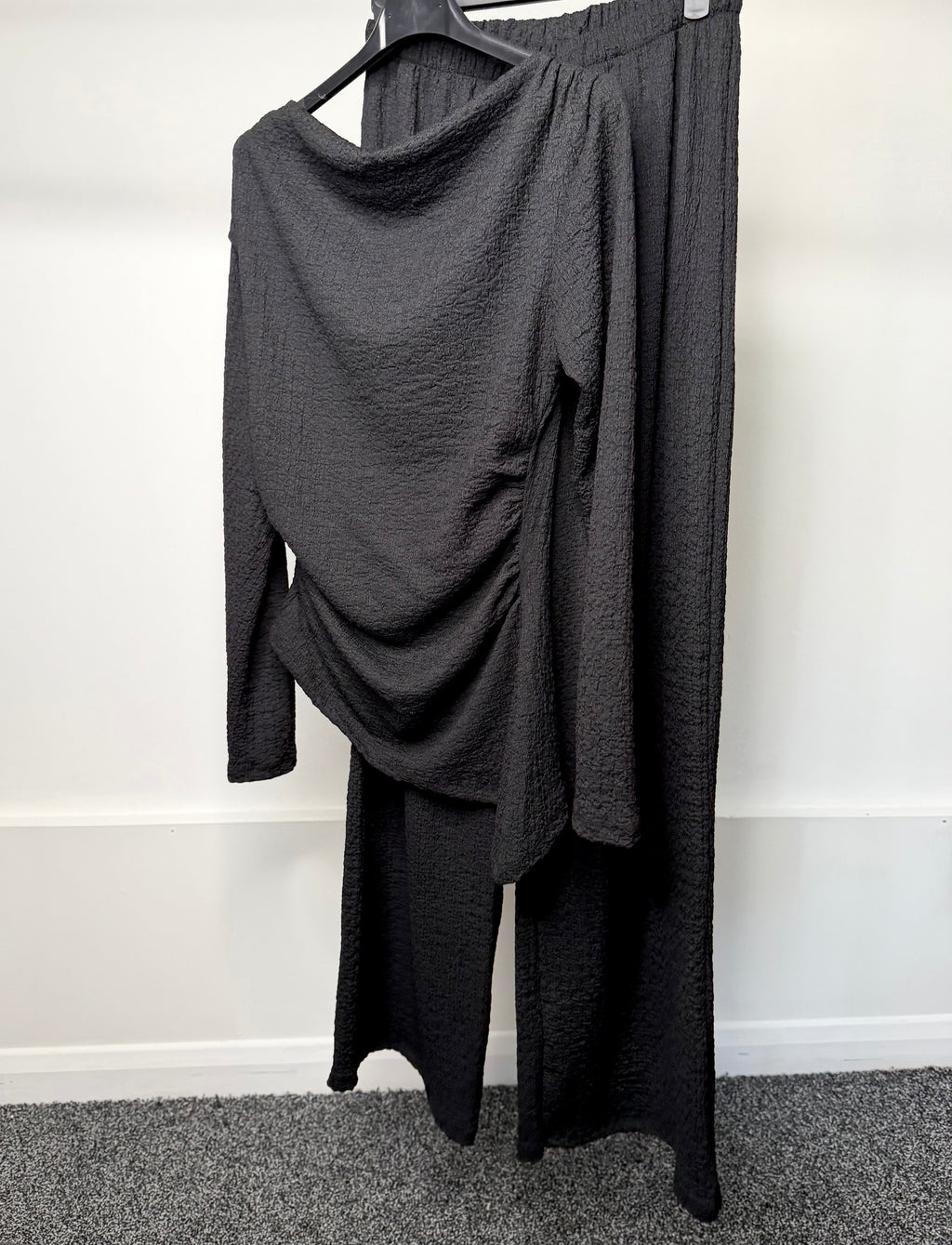 Ruched Detail Waist Cinching Cheesecloth Asymmetrical Long Sleeve Top & Trouser Co Ord