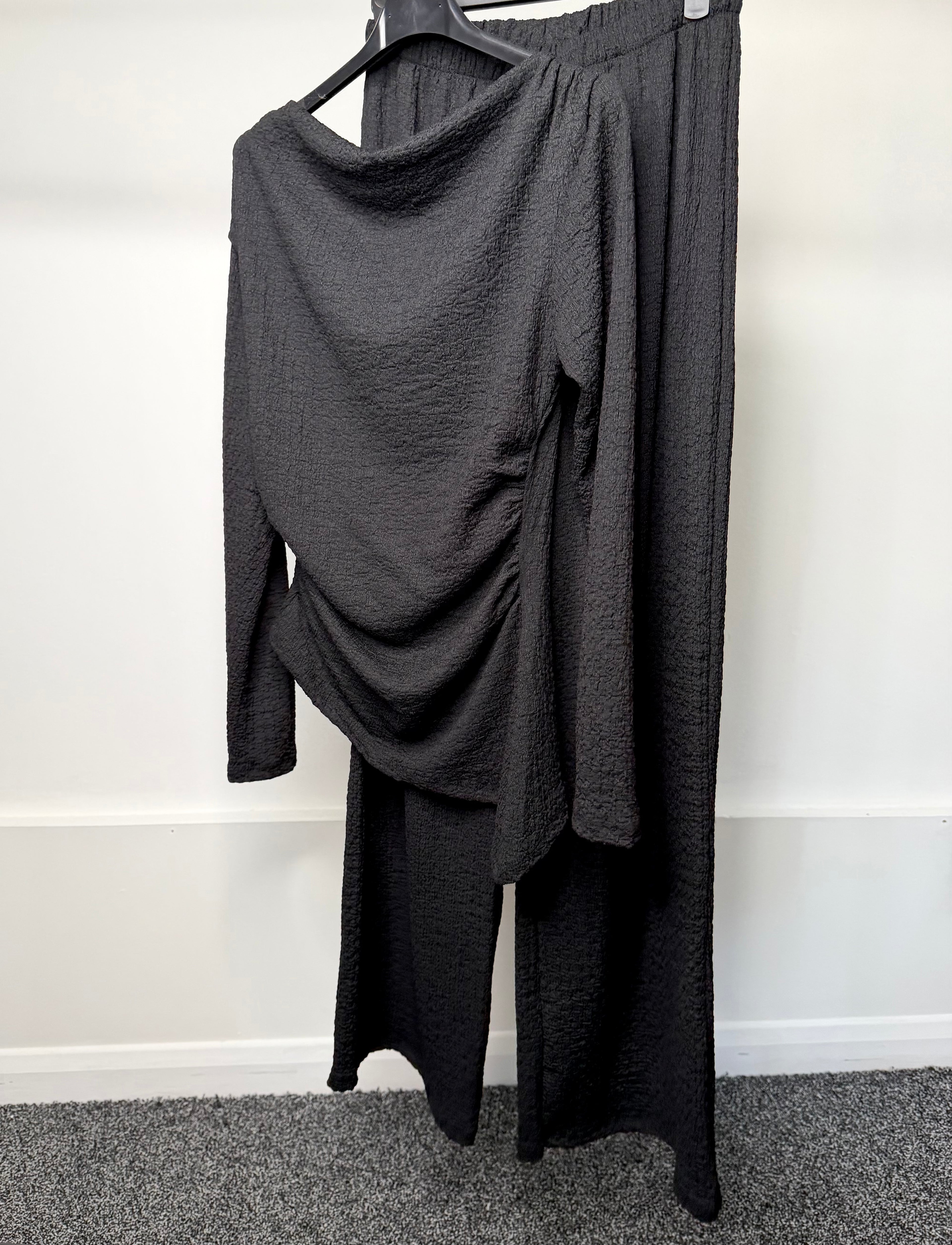 Ruched Detail Waist Cinching Cheesecloth Asymmetrical Long Sleeve Top & Trouser Co Ord