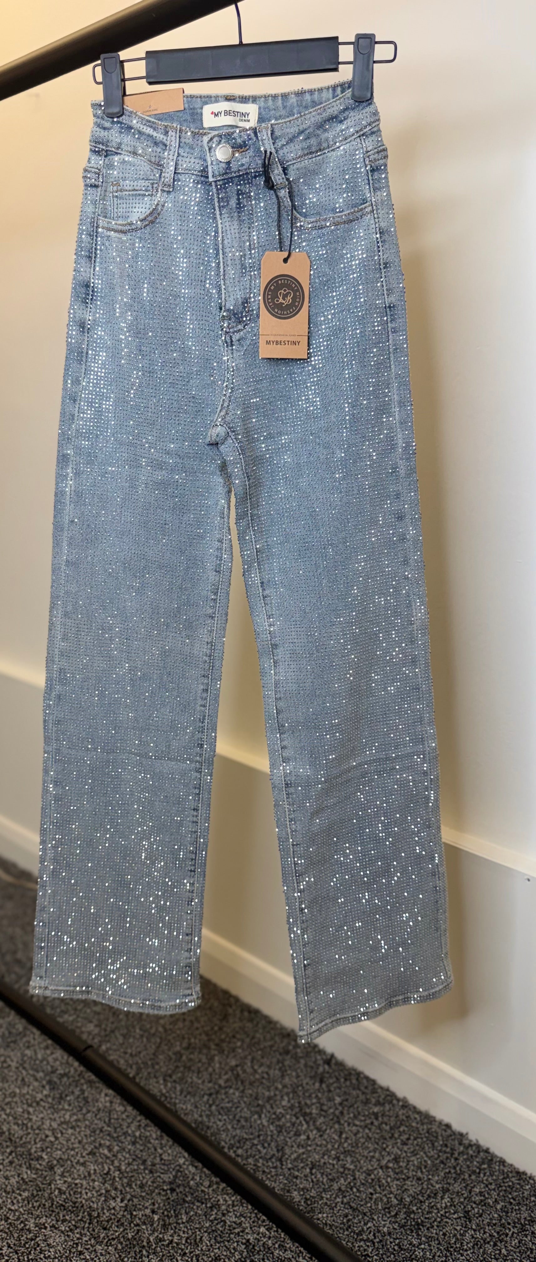 Diamanté Denim Wide Leg High Waisted Stretchy Jeans - Grey
