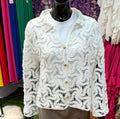 White Crochet Collared Cardigan With Gold Button Detail