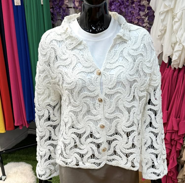 White Crochet Collared Cardigan With Gold Button Detail