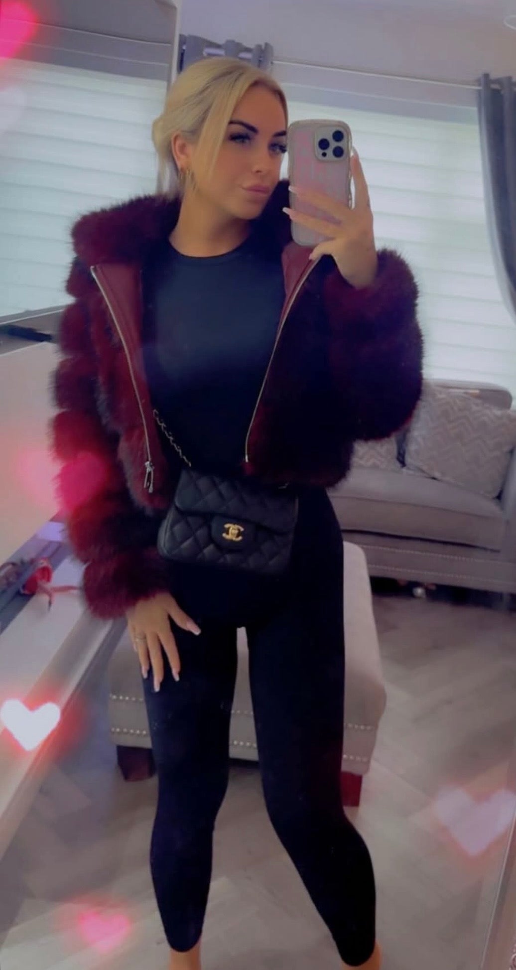 Burgundy Faux Fur Zip Jacket with Hood