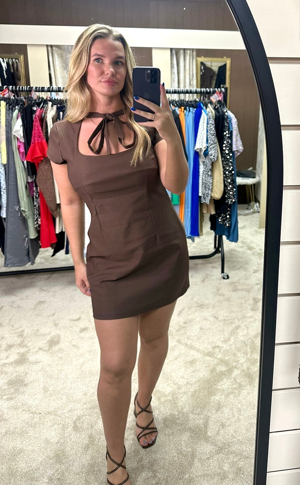 Square Neckline Tie Detail Stretchy Dress