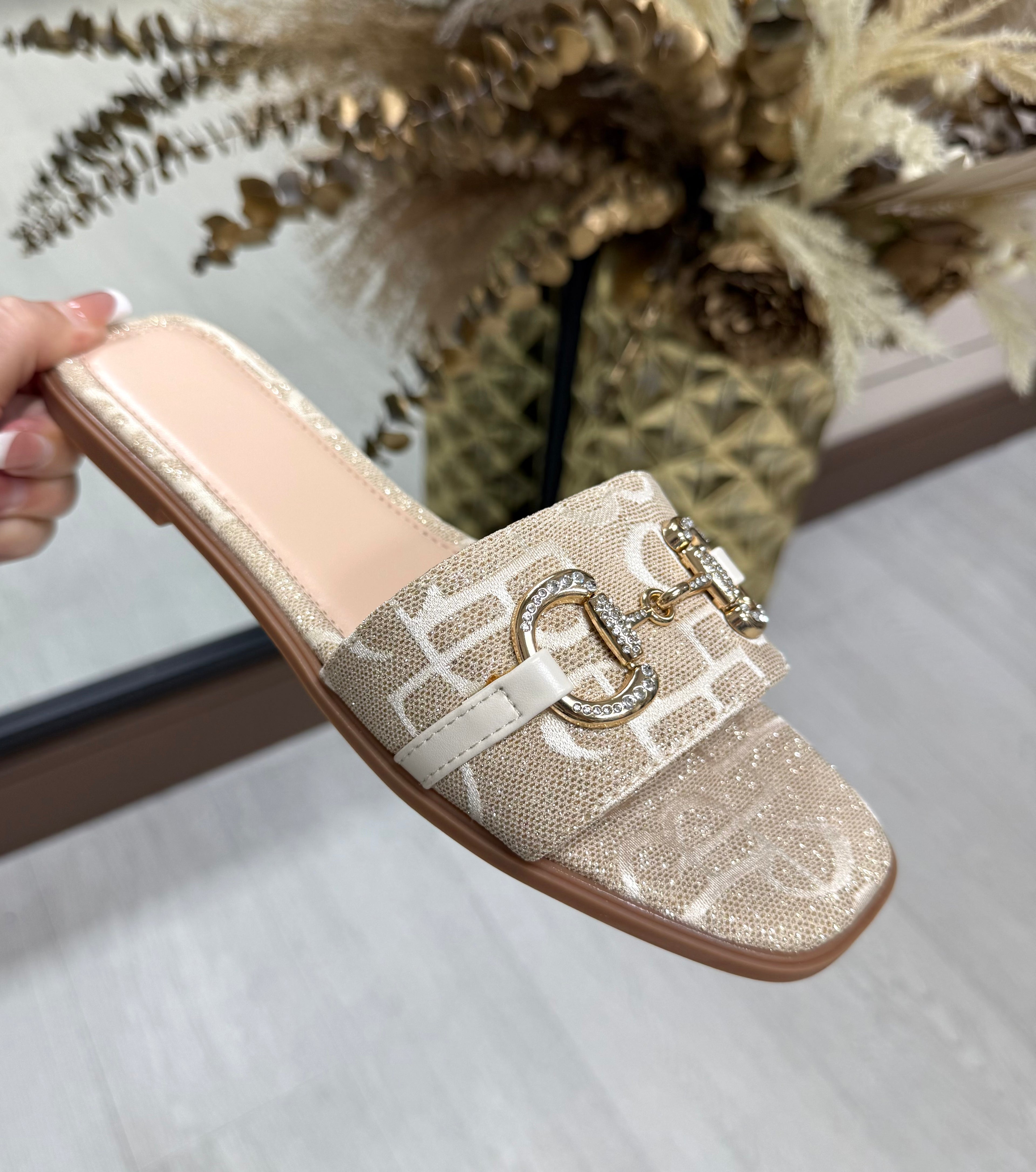 Diamanté Horsebit Slider in Glitter Champagne Gold