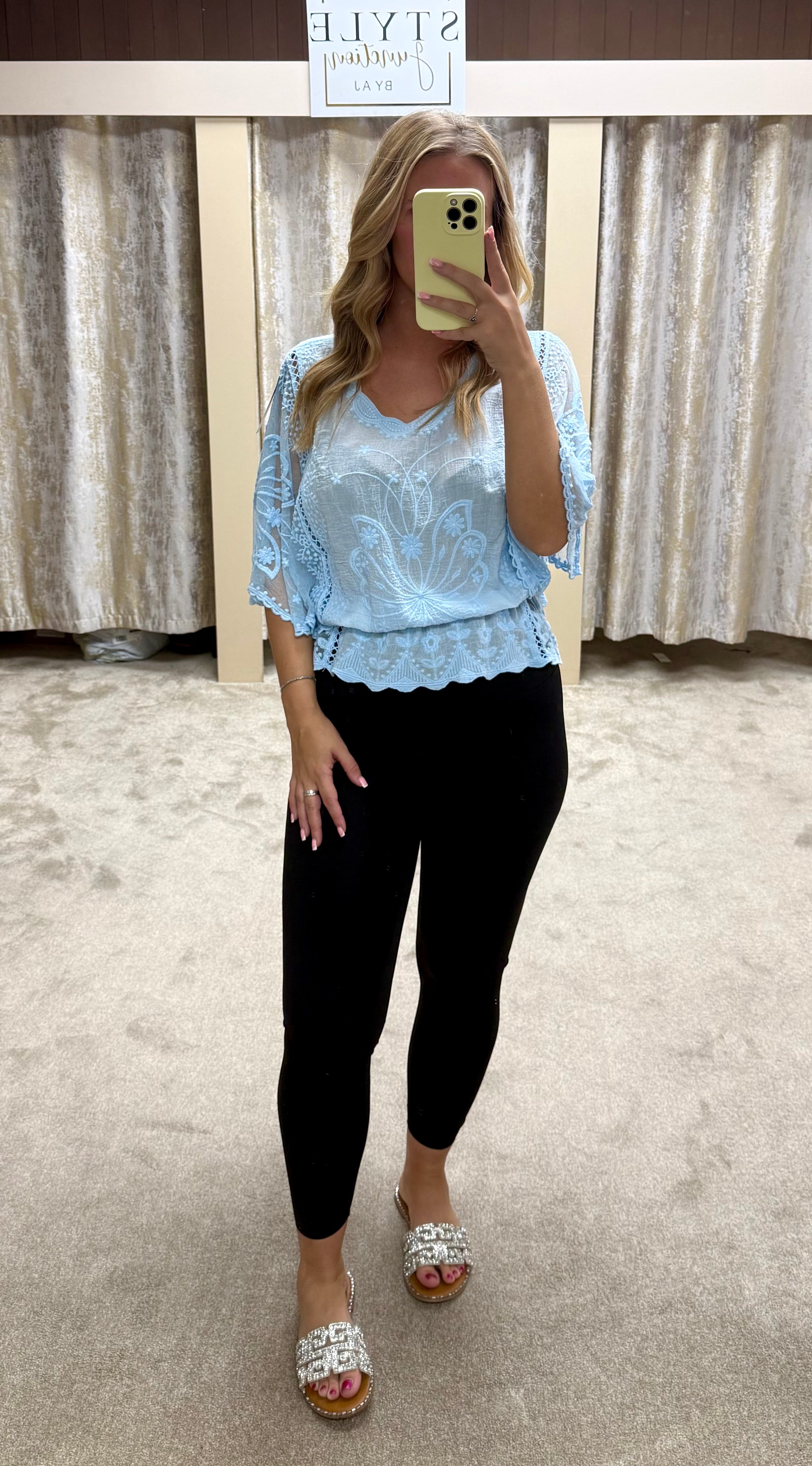 Butterly Embroidered Elasticated Waist Crochet Detail Top