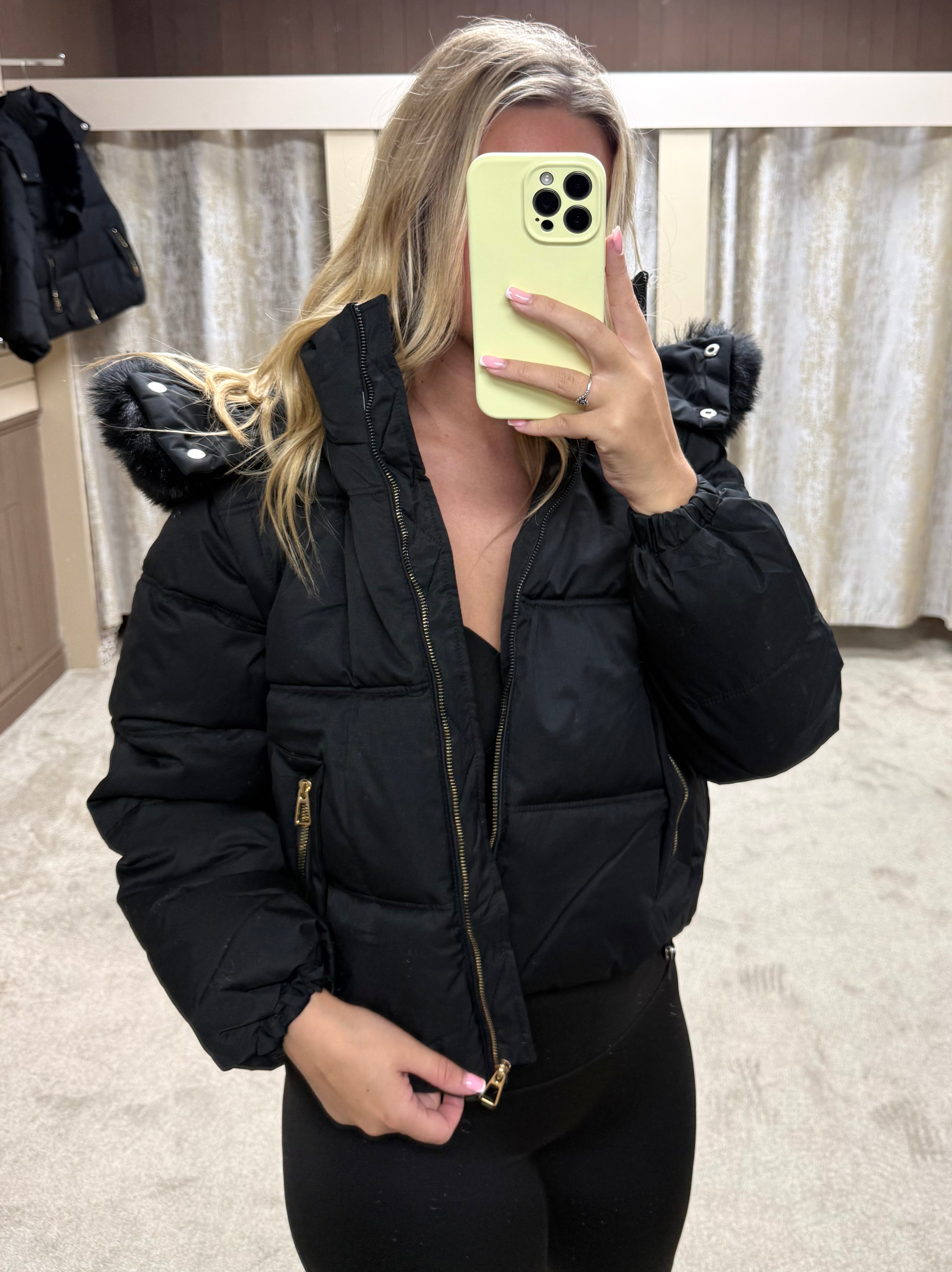 Luxe Faux Fur Gold Zip Detail Coat - Black