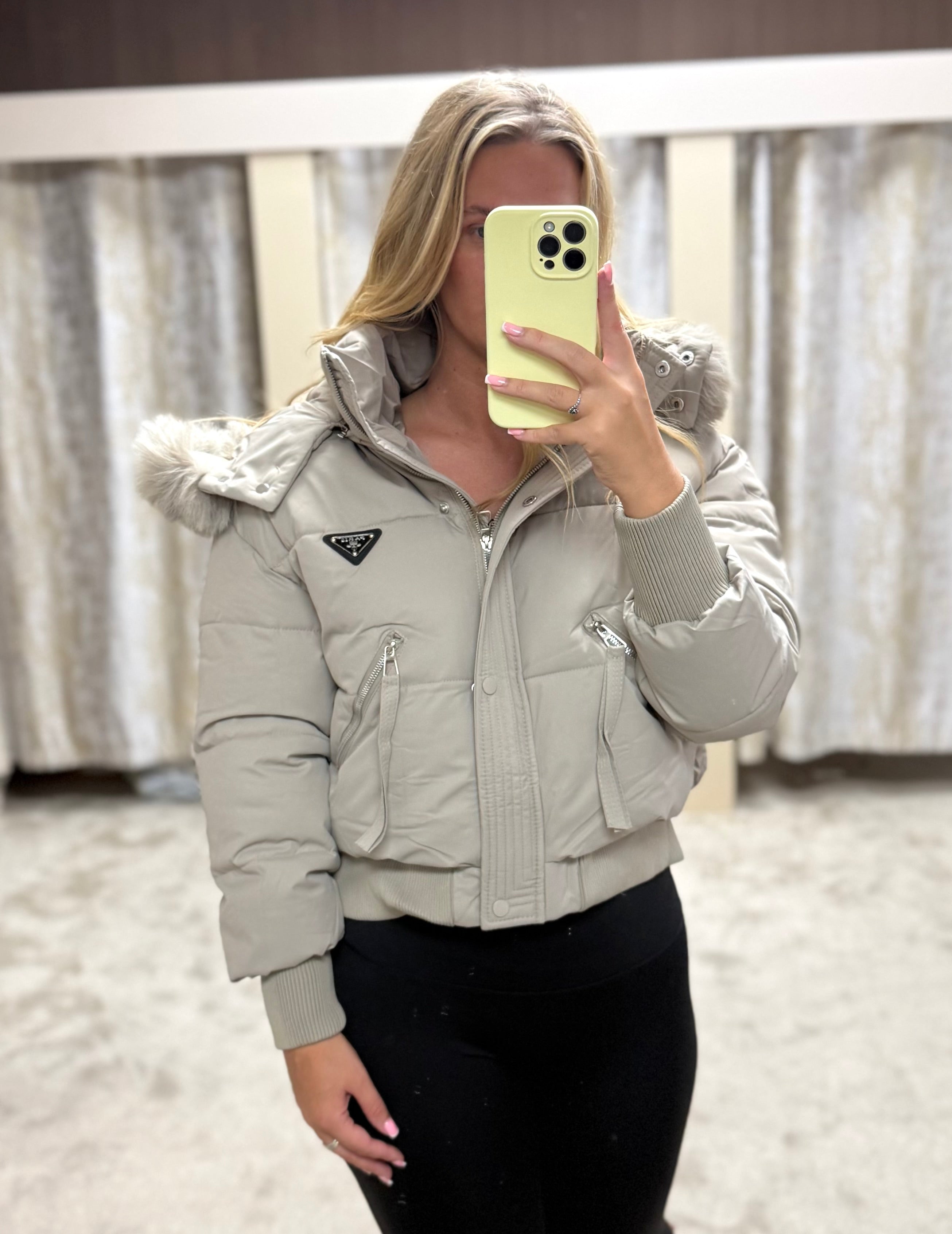 Luxe Faux Fur Paris Logo Coat - Stone