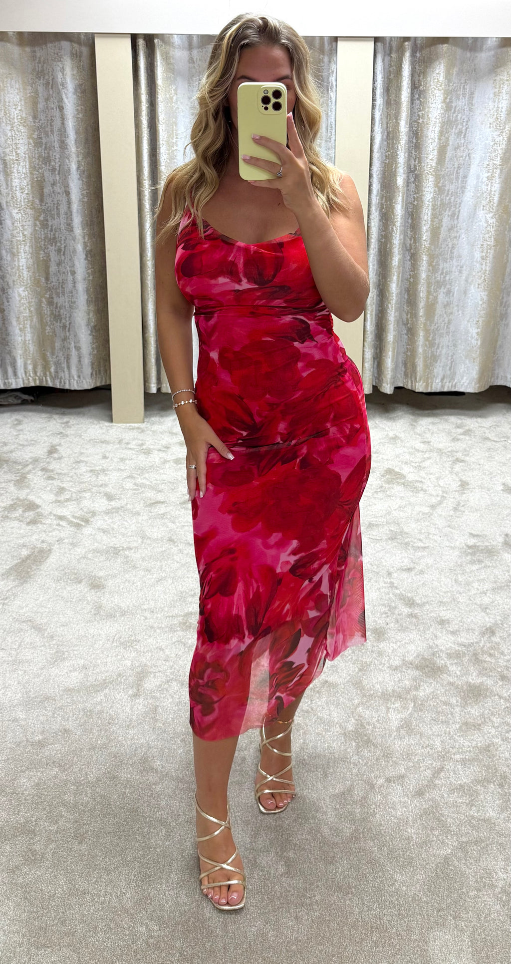 Floral Mesh Lined Bodycon Midi Dress