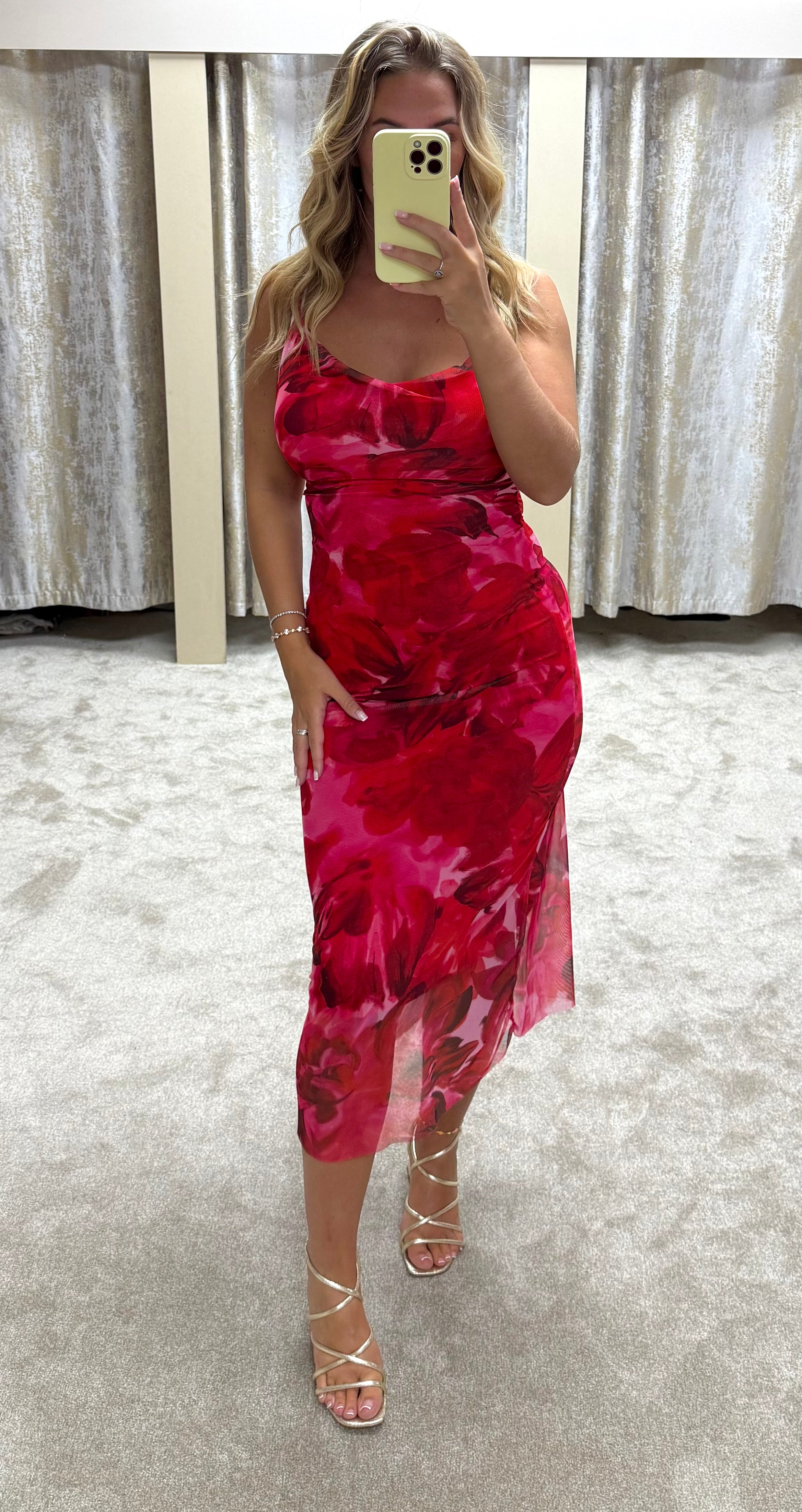 Floral Mesh Lined Bodycon Midi Dress