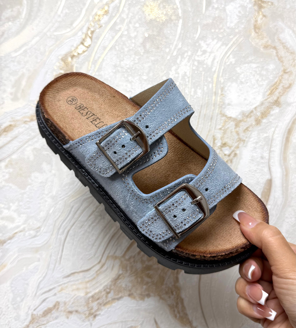 Diamanté Buckle Sliders - Denim Blue