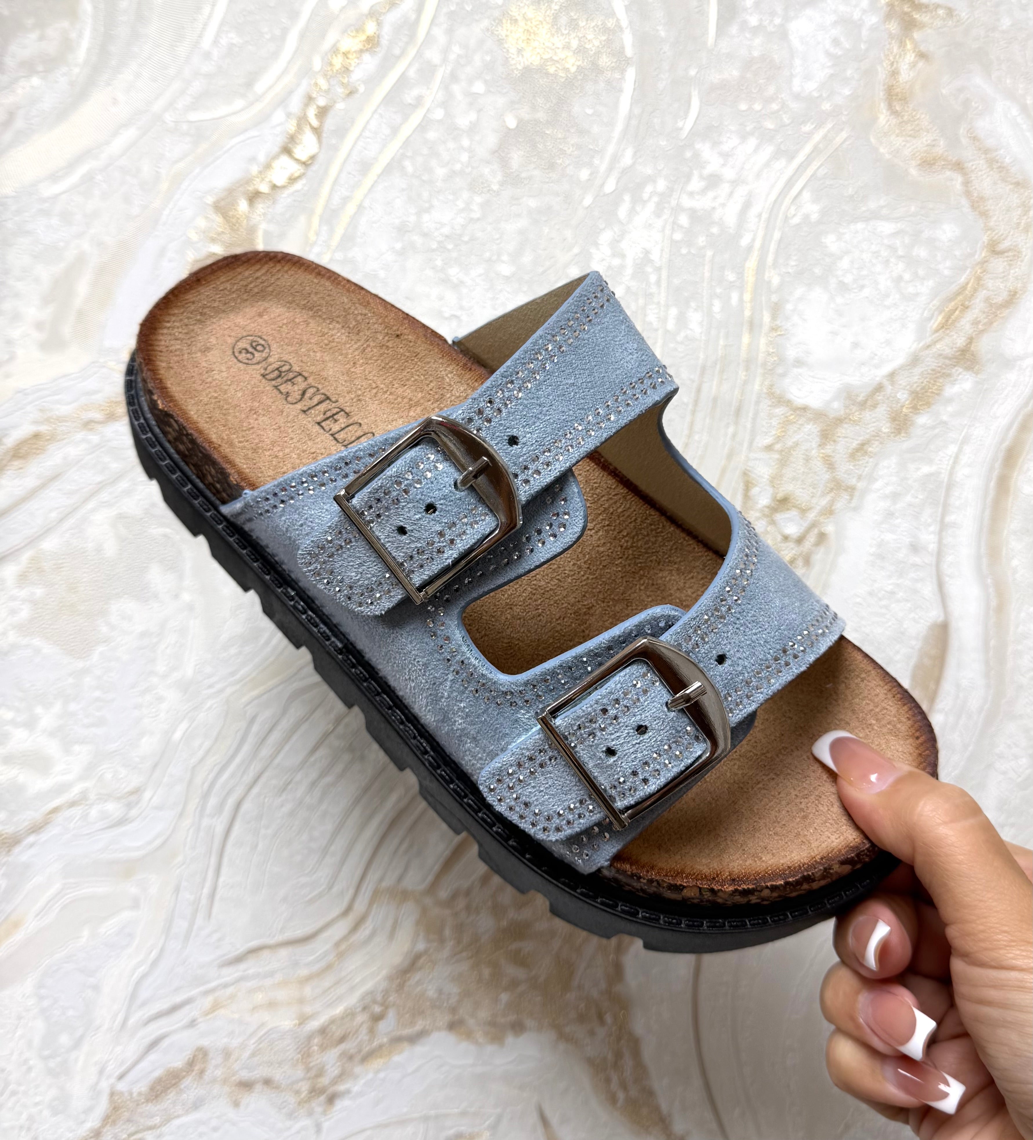 Diamanté Buckle Sliders - Denim Blue