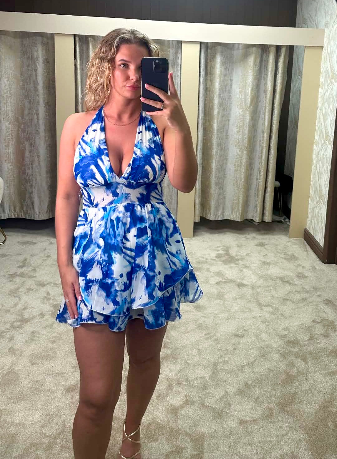 Halter Neck Marble Print Chiffon Dress - Blue